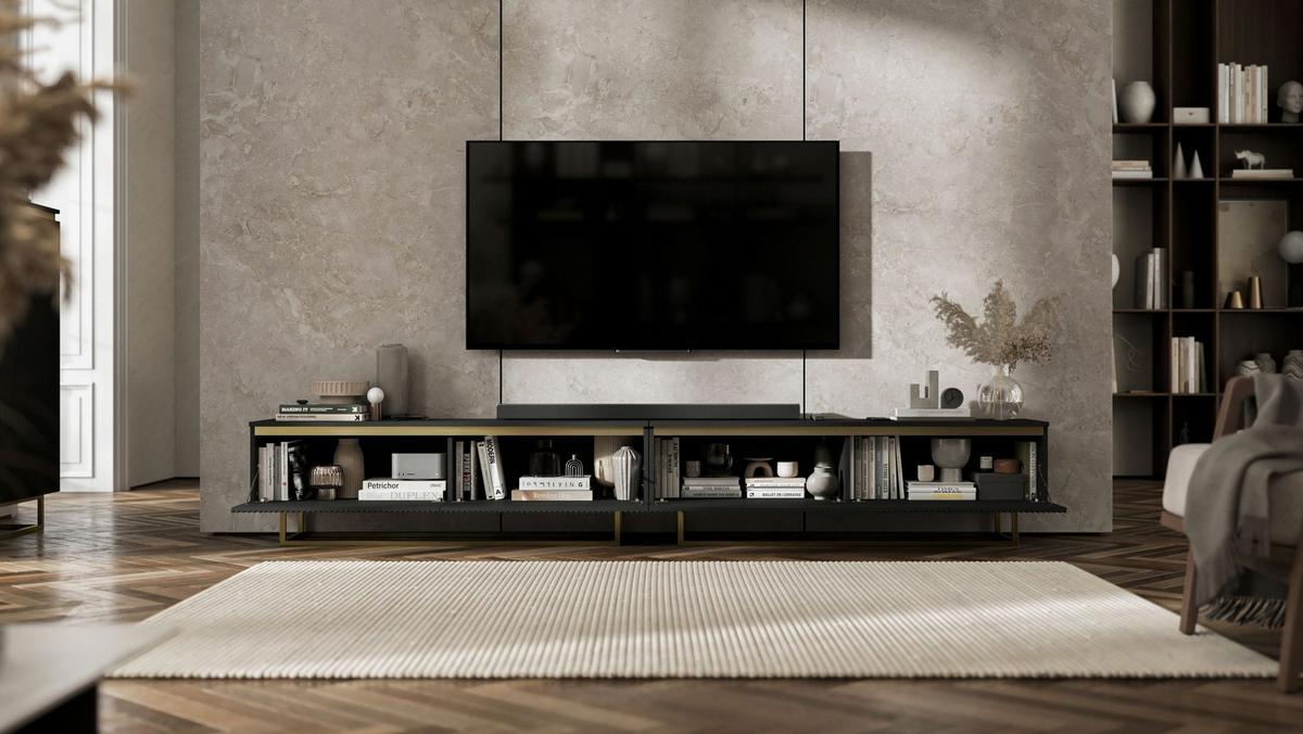 TV-LOWBOARD 2-er Set Selene Glamour Schwarz Matt mit Metallrahmen 140 cm - Goldfarben/Schwarz, Holzwerkstoff/Metall (280/44/35cm) - Meble Lindner