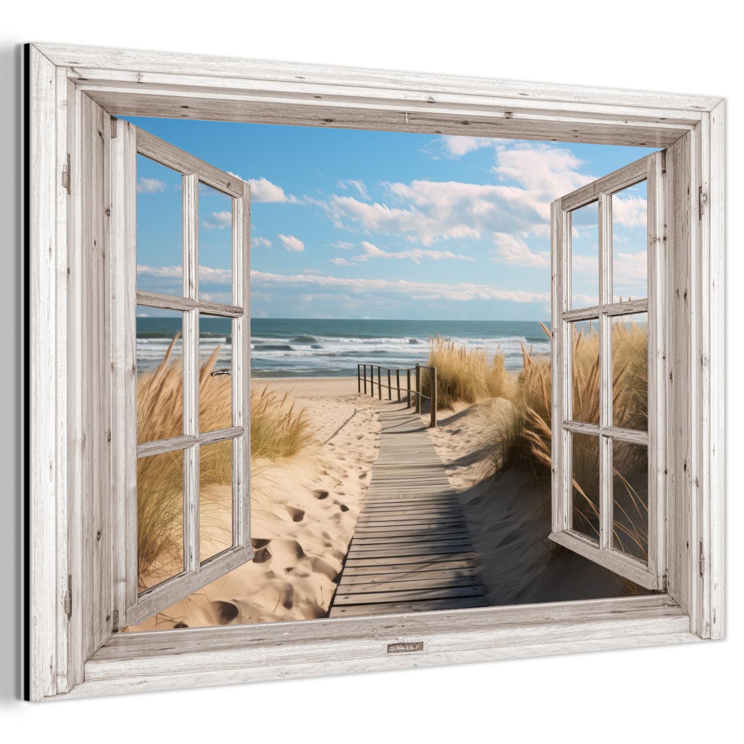 METALLBILD Fenster - Meer - Küste - Natur - Ausblick - Strand - Wattenmeer Wandbild 60x40 cm - Beige, Metall (60/40cm) - MuchoWow