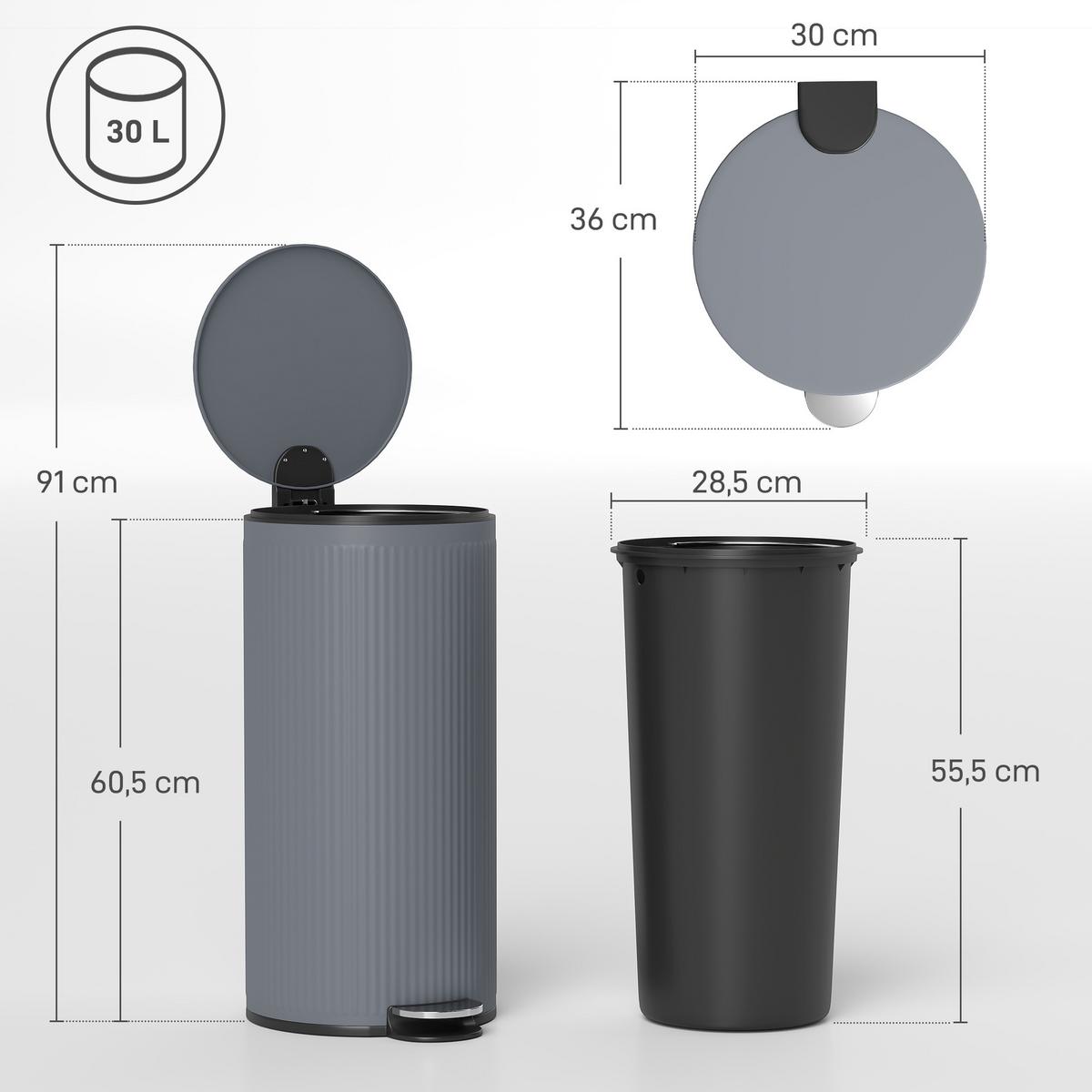 MÜLLEIMER Metall Kunststoff Dunkelgrau - Dunkelgrau, Metall (30/60.5/36cm) - HOMCOM