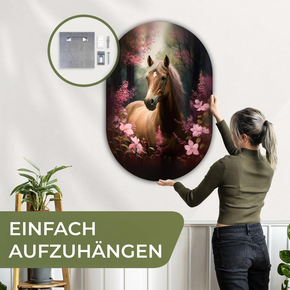 WANDBILD Pferd - Blumen - Rosa - Natur - Wald Deko Groß 80x120 cm - Altrosa, Kunststoff (80/120cm) - MuchoWow
