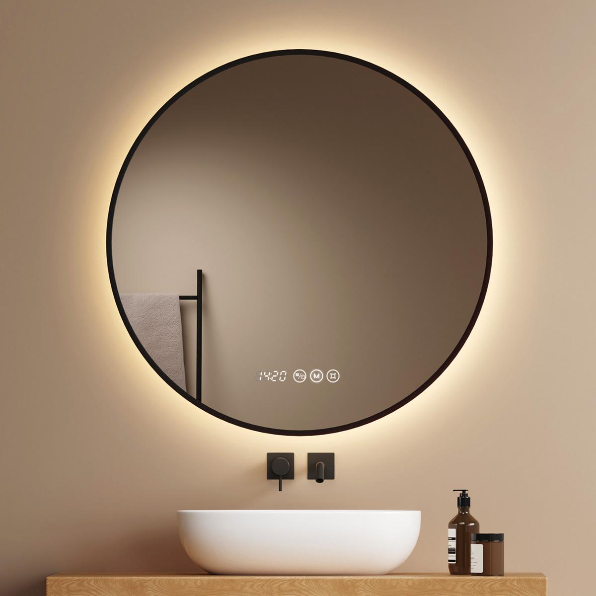 BADSPIEGEL mit LED-Beleuchtung, Anti-Beschlag-Funktion und Uhrzeitanzeige, Schwarz Ø 80 cm - Schwarz, Glas (80/80/3.3cm) - EMKE