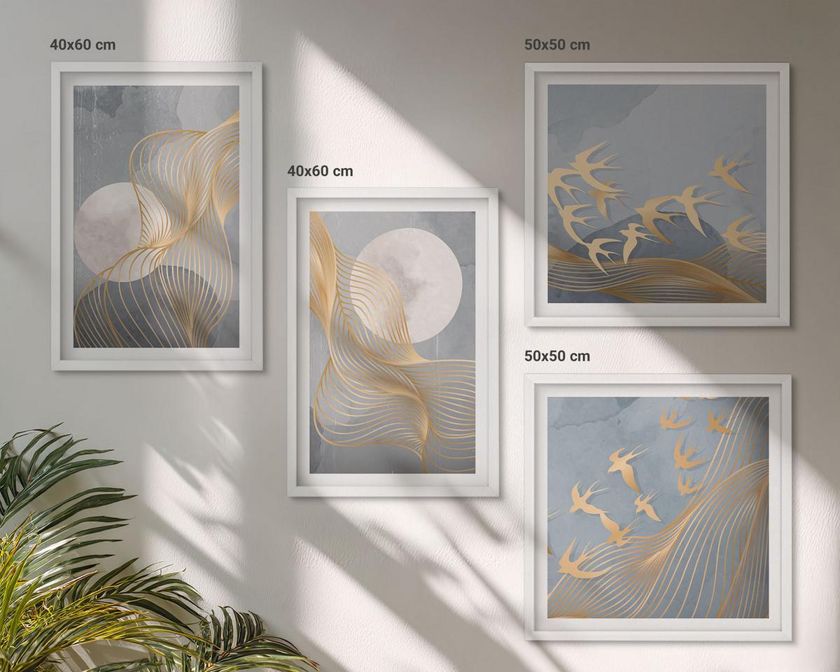 BILDER SET 4er Set - 50x50 cm & 40x60 cm Weißer Rahmen - Abstrakte Wellenkreise, grau - Weiß, Kunststoff (50/50cm) - TULUP