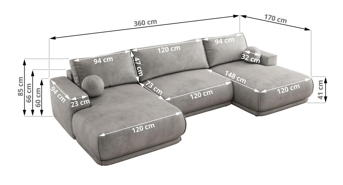 WOHNLANDSCHAFT RINA U Hellgrau Velvet - Hellgrau/Schwarz, Kunststoff/Textil (360/85/170cm) - MKS