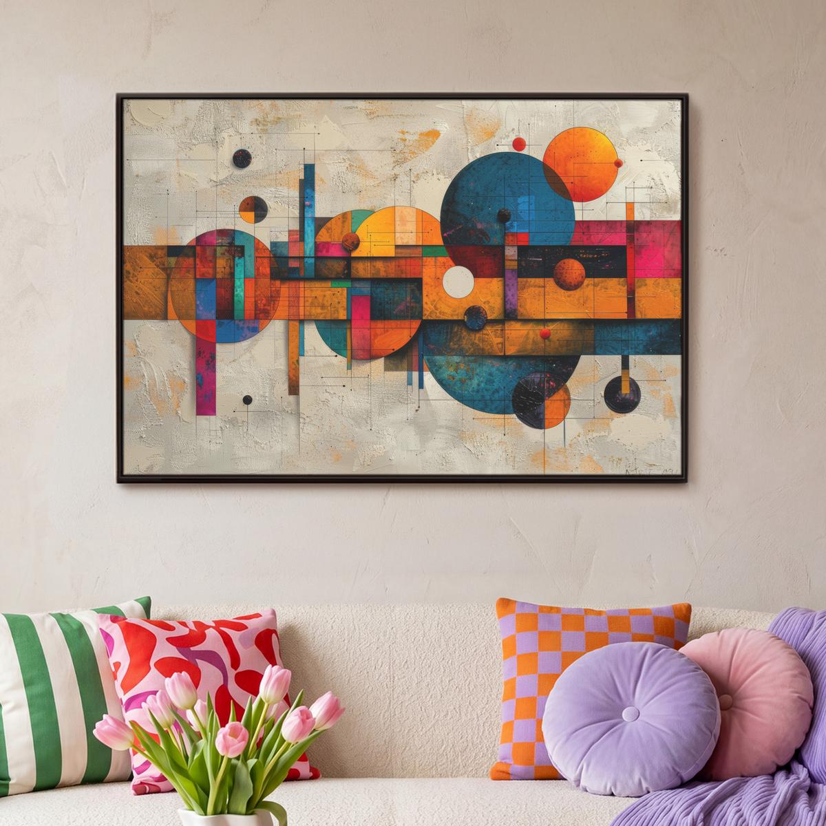 LEINWAND Bilder mit Rahmen - Vintage - Moderne Kunst - Orange - Geometrische Formen - 90x60 - Multicolor, Textil (90/60cm) - MuchoWow