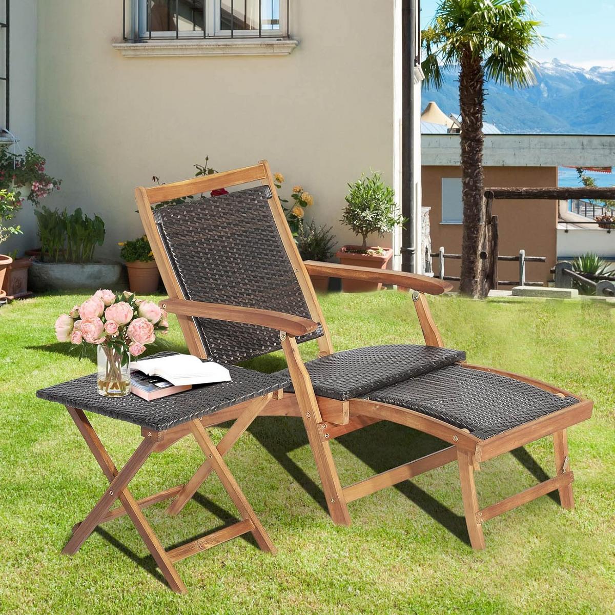 SONNENLIEGE mit Fußstütze+Beistelltisch Braun - Braun, Naturmaterialen (135/81/61cm) - COSTWAY