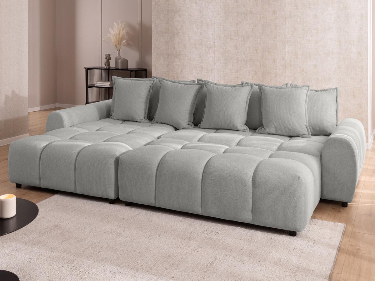 ECKSOFA inkl. Hocker Bubble mit Schlaffunktion und losen Rückenkissen, Sitzfläche in Bubble-Optik aus weichem Hellgrau Strukturstoff - Ottomane Links - Hellgrau/Schwarz, Holz/Kunststoff (180/306cm) - S-Style Möbel