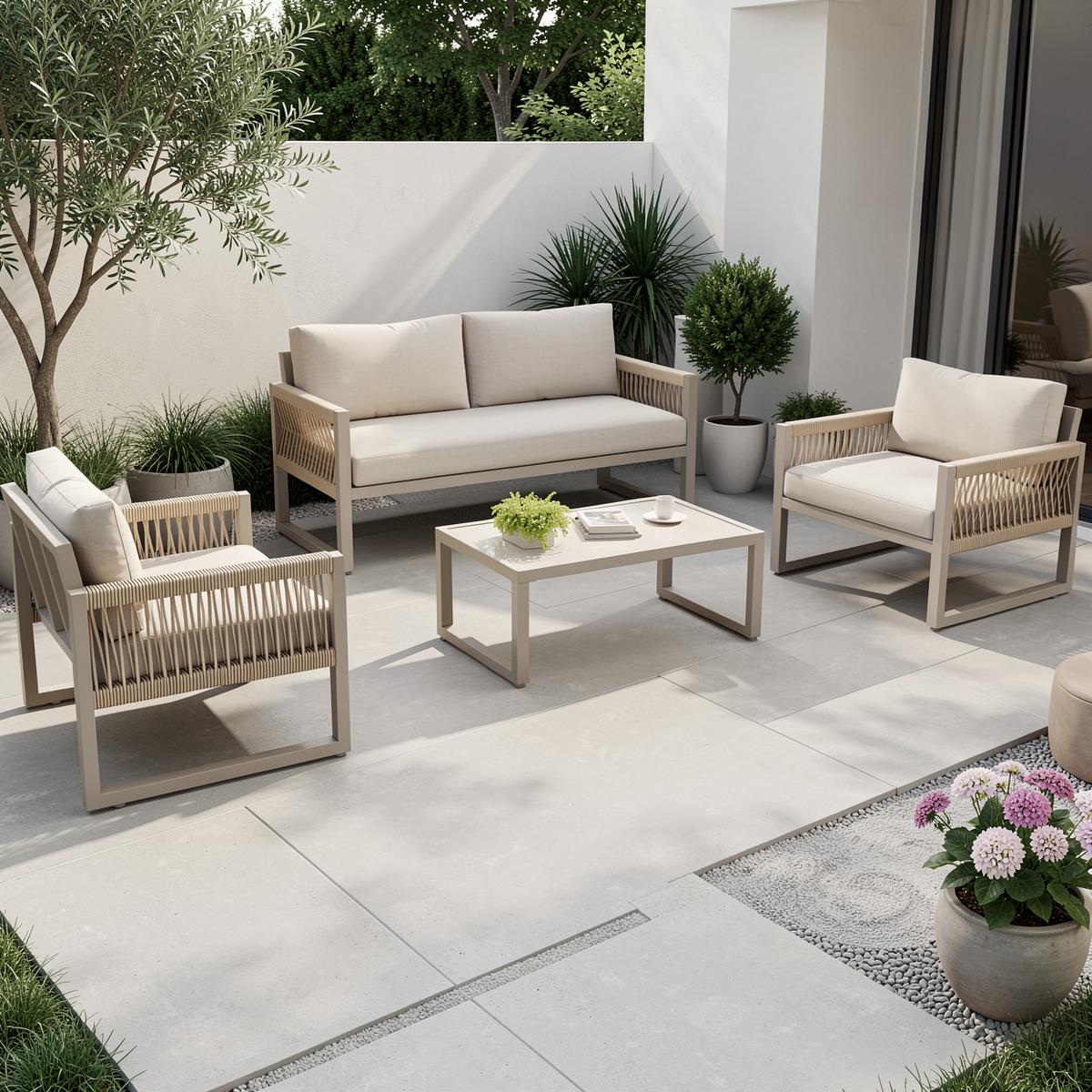 LOUNGEGARNITUR 4-tlg Khaki Metall & Seil Outdoor Sofaset mit 2 Sesseln, Sofa & Glastisch - Sandfarben, Metall - Urban Meuble