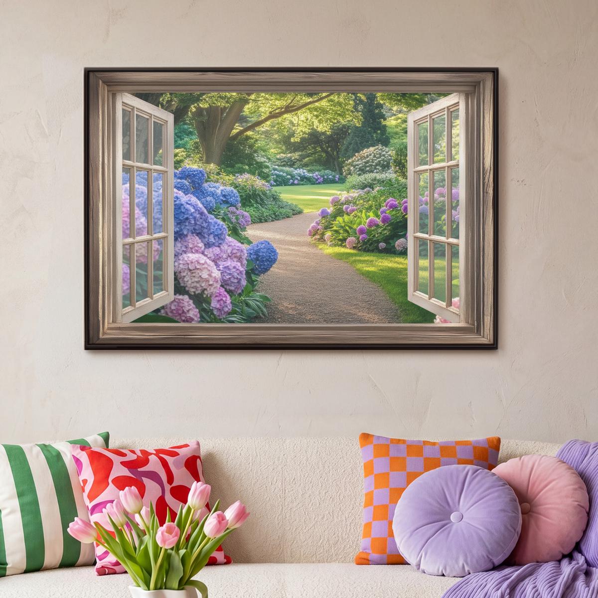 LEINWAND Bilder mit Rahmen - Aussicht - Garten - Fenster - Hortensie - Blumen - 90x60 - Pastellblau, Textil (90/60cm) - MuchoWow