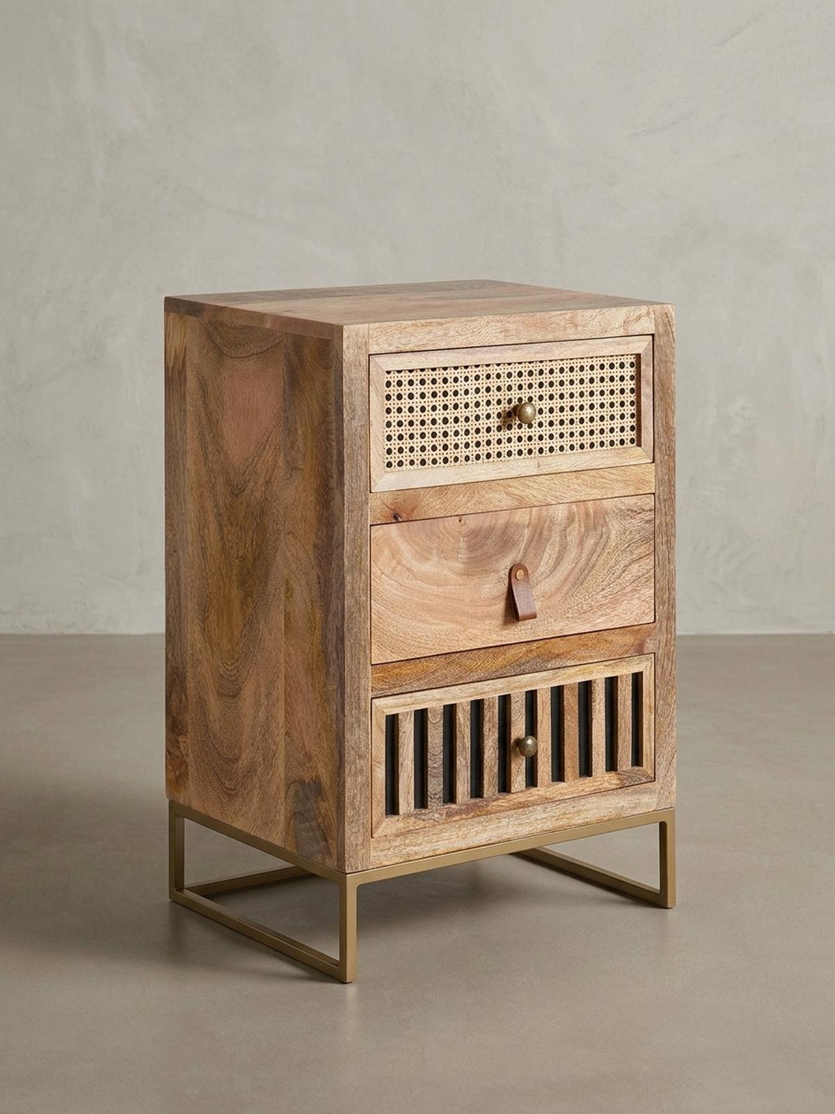 NACHTTISCH – Mango Massivholz/Rattan, 3 Schubladen, für Boxspringbett - Goldfarben/Braun, Holz/Metall (40/60/30cm) - KADIMA DESIGN