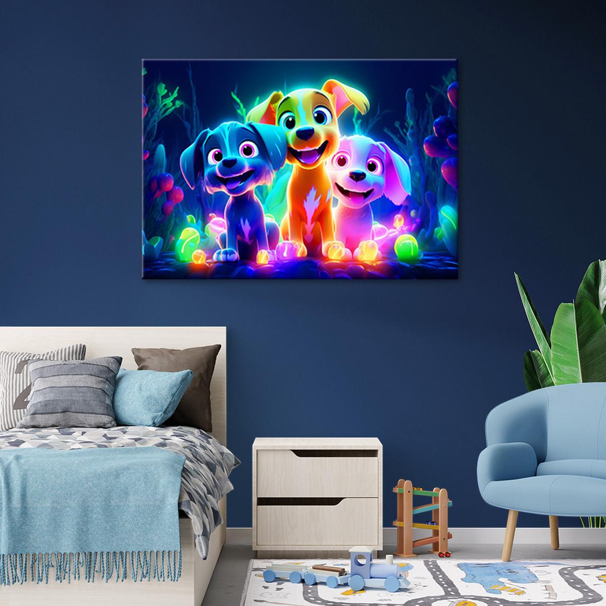 WANDBILD Cartoon Hunde neon 90x60cm - Multicolor, Textil (90/60cm) - Feeby