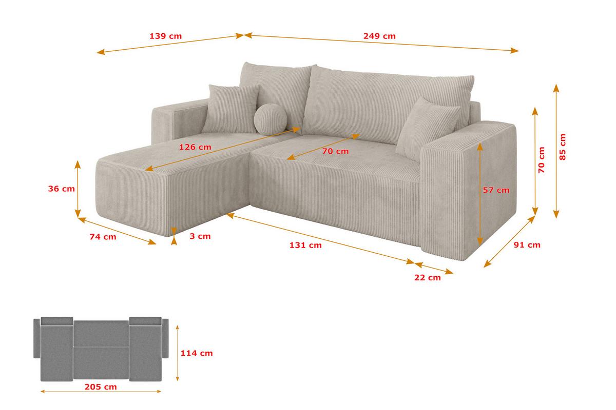 ECKSOFA mit Schlaffunktion Ottomane Links SENO-L 249x139x85 Creme Cord - Ecru/Creme, Holzwerkstoff/Kunststoff (249/139cm) - ALTDECOR