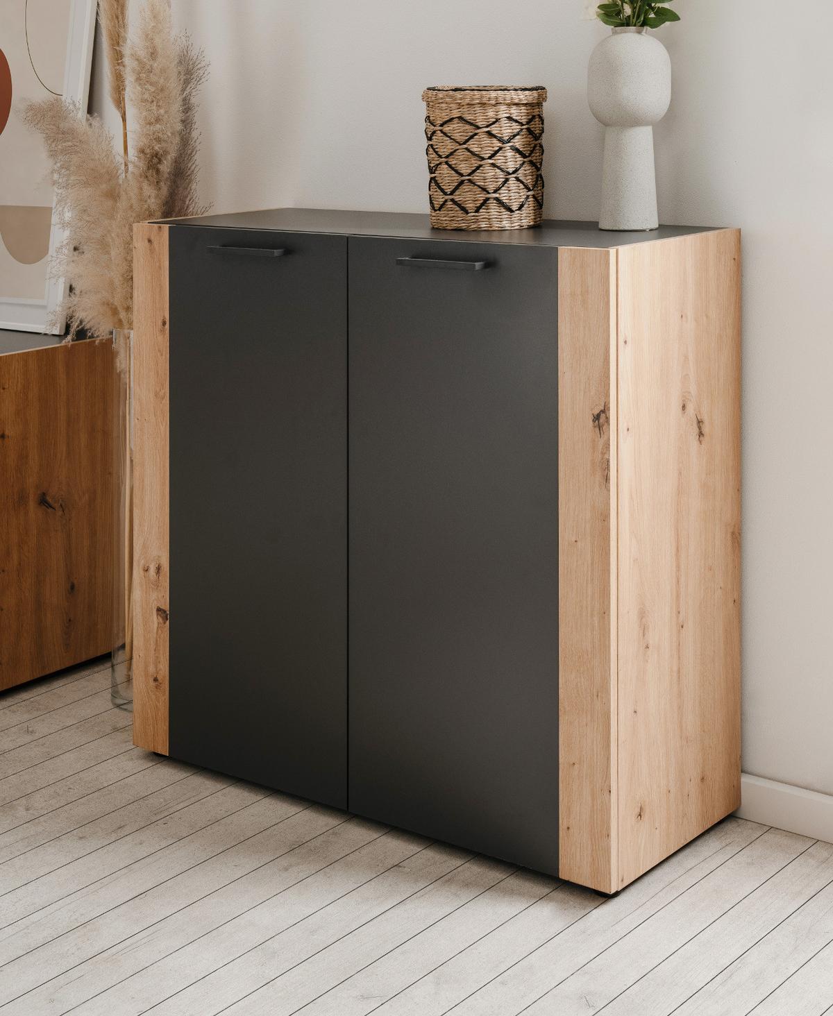 KOMMODE grau, Artisan Eiche 89 x 85 cm, Sideboard 2-türig - Anthrazit/Schwarz, Holzwerkstoff/Kunststoff (89/85/34.5cm) - Furn.Design