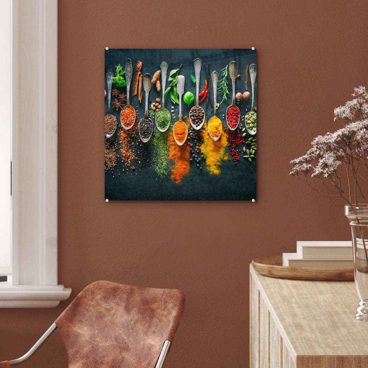 ACRYLGLASBILD Kräuter - Gewürze - Löffel 50x50 cm - Currygelb, Glas (50/50cm) - MuchoWow