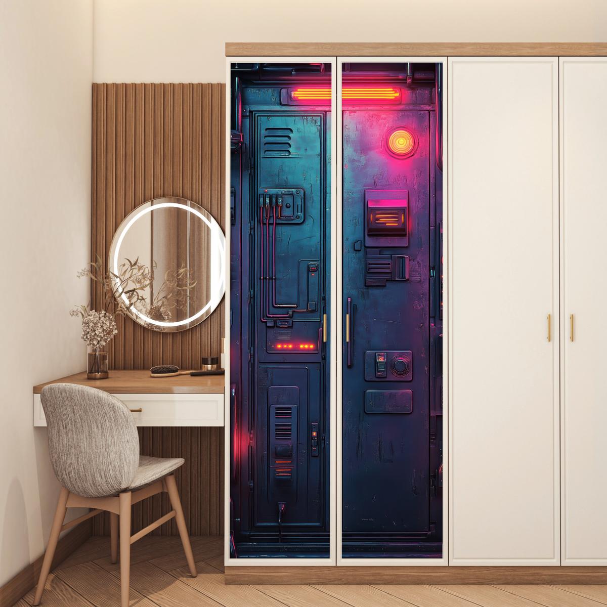 TÜRAUFKLEBER Tür - Futuristisch - Blau - Rosa - Neon 85x215 cm - Türtapete - Anthrazit, Kunststoff (85/0.1cm) - MuchoWow