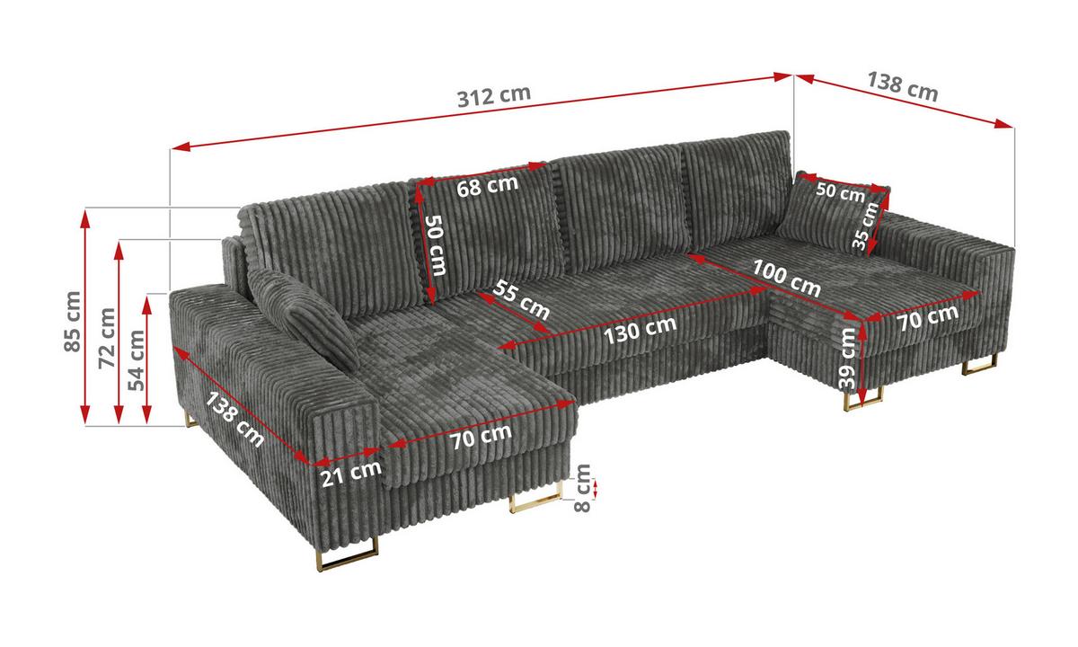 WOHNLANDSCHAFT DORIAN U Cord Dunkelgrau - Dunkelgrau/Goldfarben, Textil/Metall (312/85/138cm) - MKS