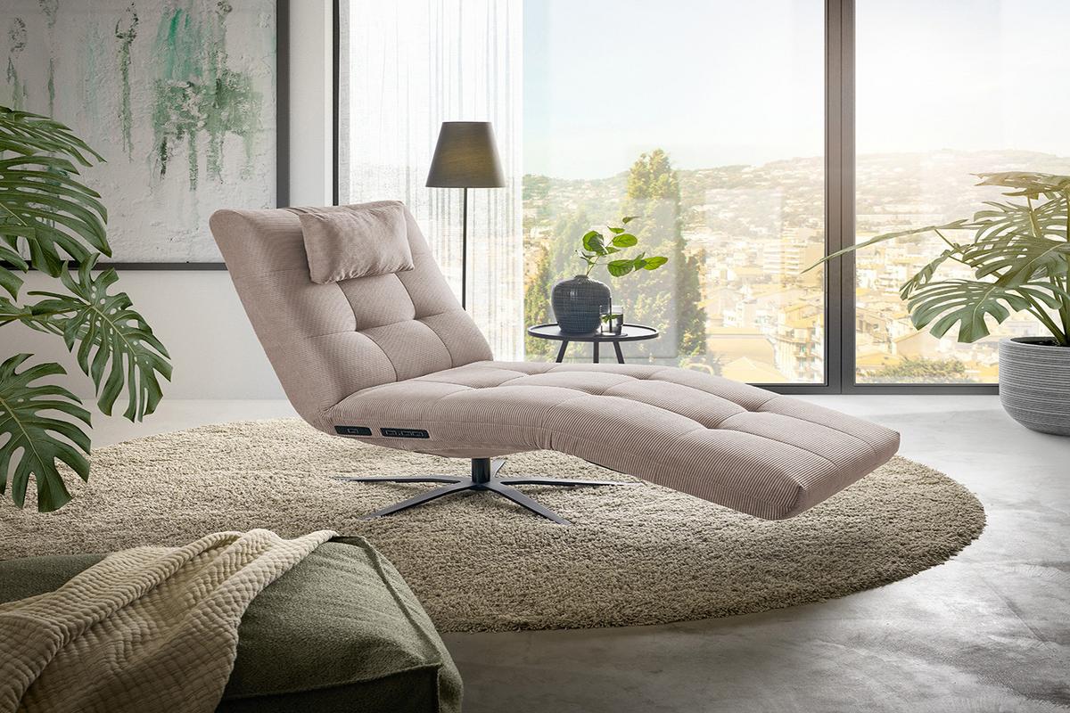 RELAXLIEGE LETICIA Beige Cord Drehbar (360°), Relaxfunktion - Beige/Schwarz, Textil/Metall (82/115/156cm) - KAWOLA