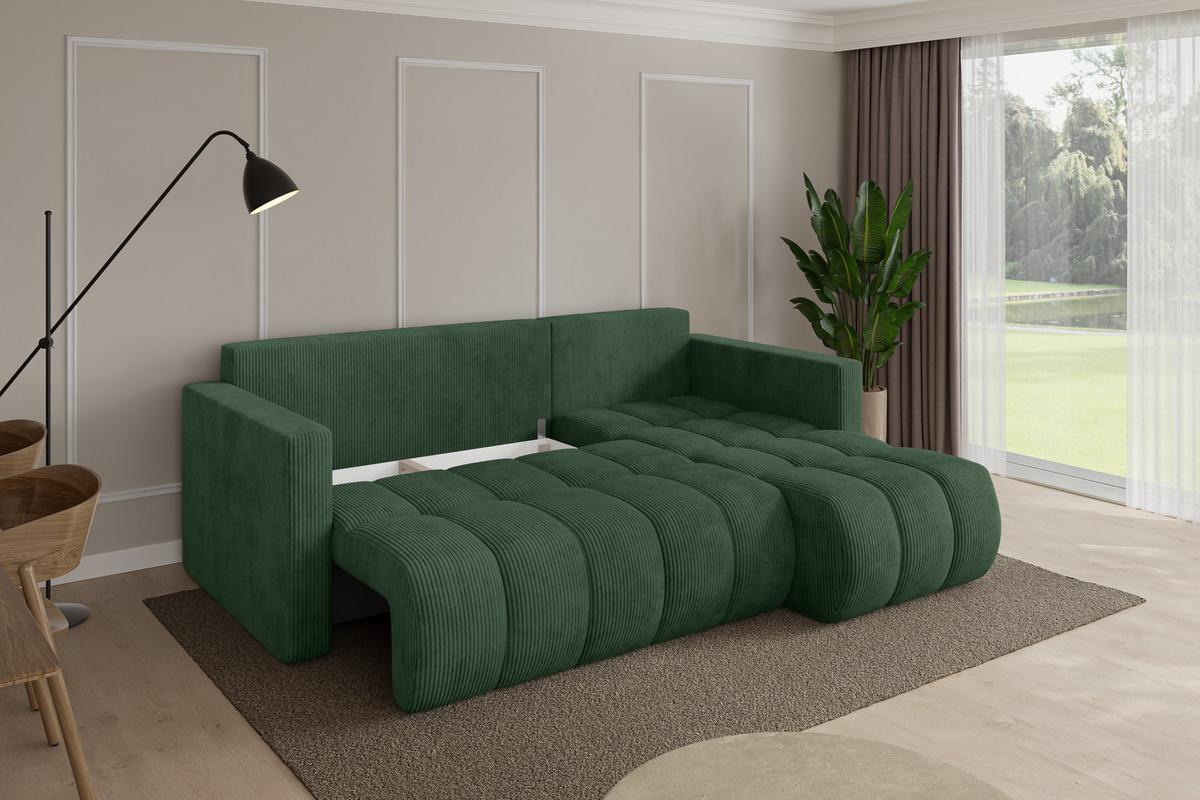 ECKSOFA mit Schlaffunktion Ottomane Rechts GARD-L 226x146x85 Grün Cord - Dunkelgrün/Schwarz, Holzwerkstoff/Kunststoff (226/146cm) - ALTDECOR