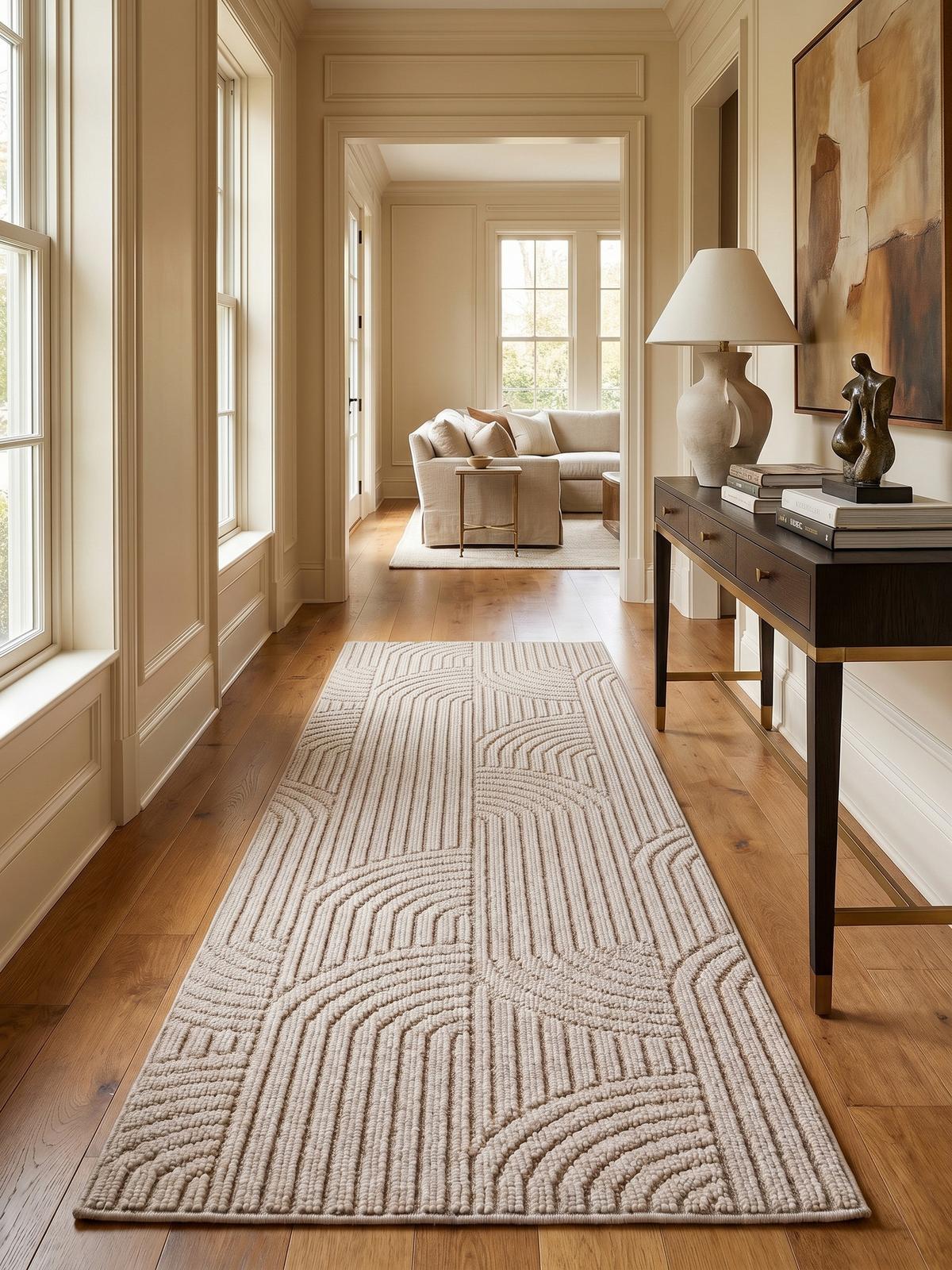 TEPPICH Flachgewebe LANGAU in Beige, mit geometrischen Bögen, 80 x 250 cm - Beige, Textil (250/80cm) - KADIMA DESIGN