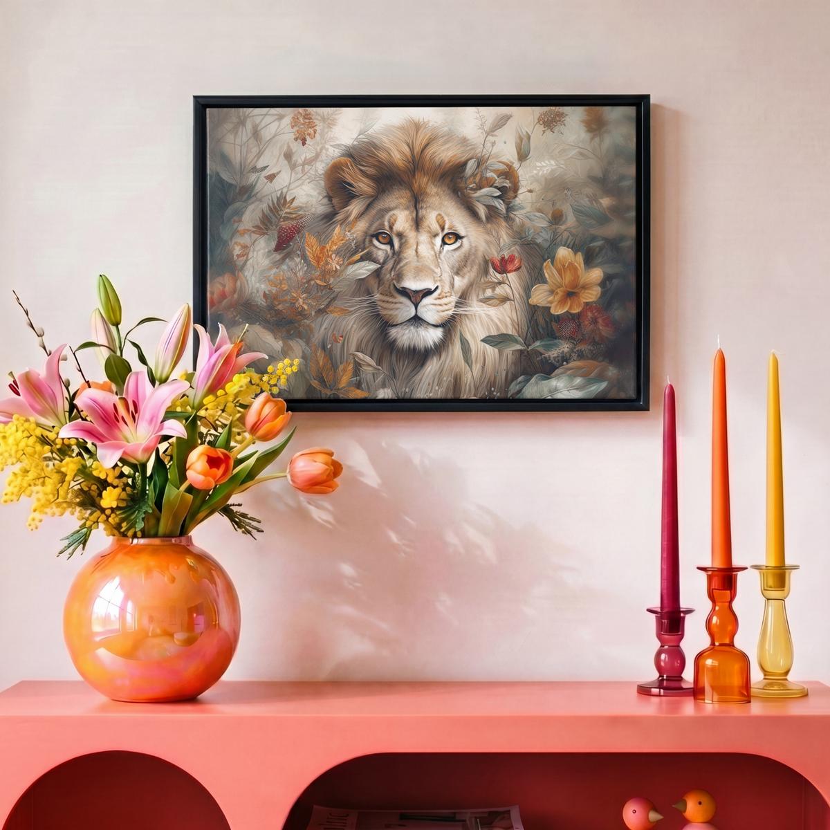 LEINWAND Bilder mit Rahmen - Löwe - Wildtiere - Pflanzen - Natur - Blumen - 30x20 - Beige, Textil (30/20cm) - MuchoWow