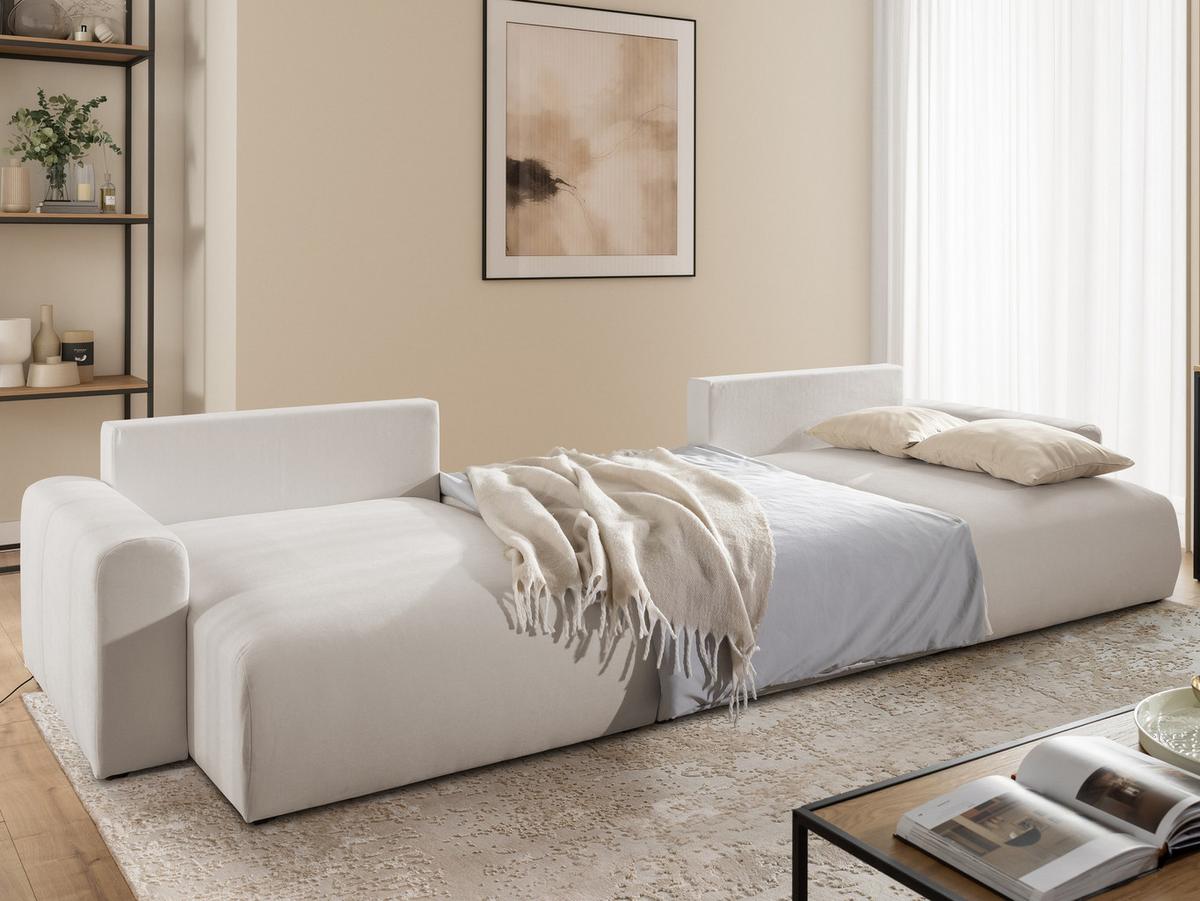 WOHNLANDSCHAFT Calma mit Schlaffunktion und Bettkasten im Bumpy-Design aus weichem Beige Webstoff - Beige/Schwarz, Holz/Textil (336/88/140cm) - S-Style