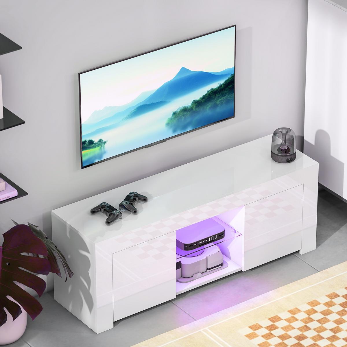 TV-SCHRANK mit LED-Beleuchtung, 2 Schranktüren, Glasregal, Kabellöcher Weiß - Weiß Hochglanz/Weiß, Glas/Holzwerkstoff (34/45/120cm) - HOMCOM