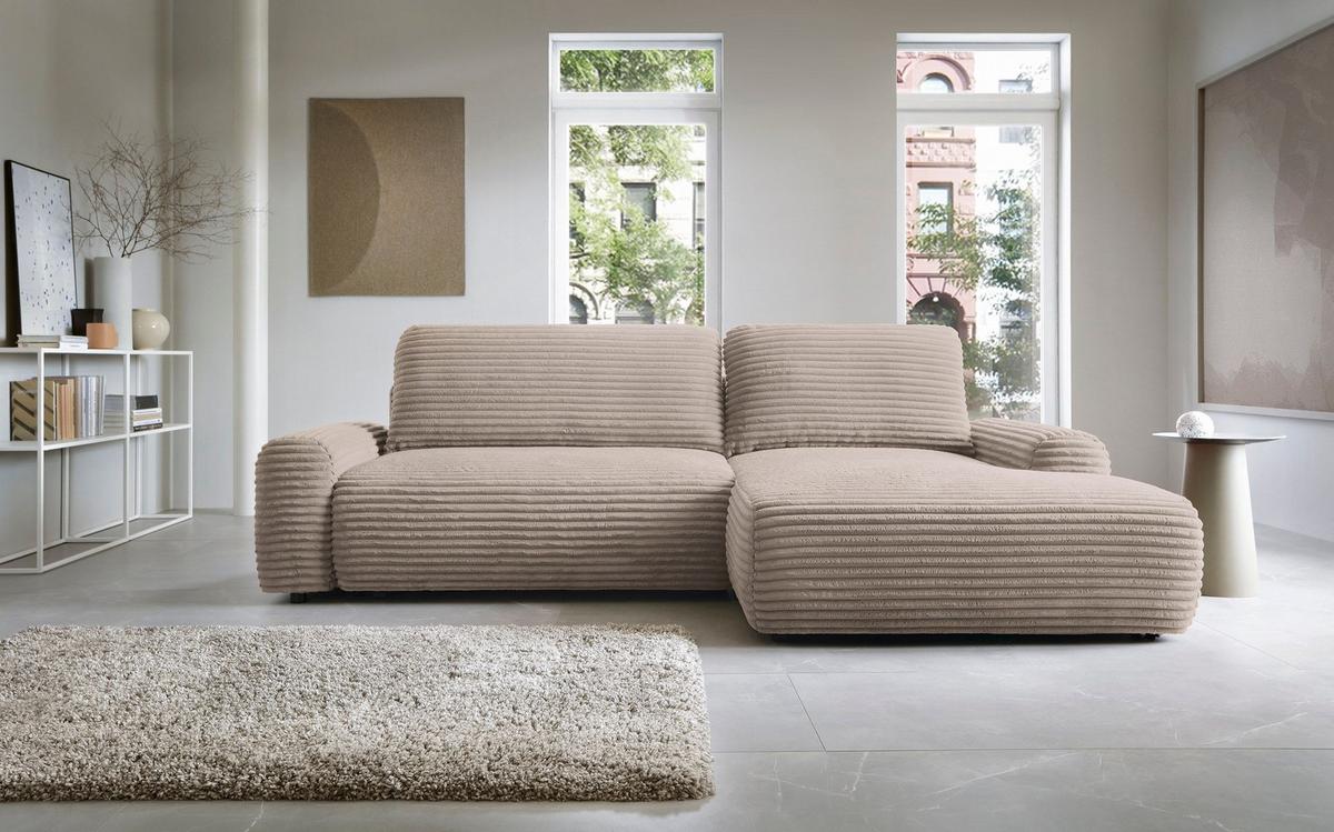 ECKSOFA OSSO Beige Velours-Stoff mit Schlaffunktion - Beige, Holz (264/162cm) - MASSENO