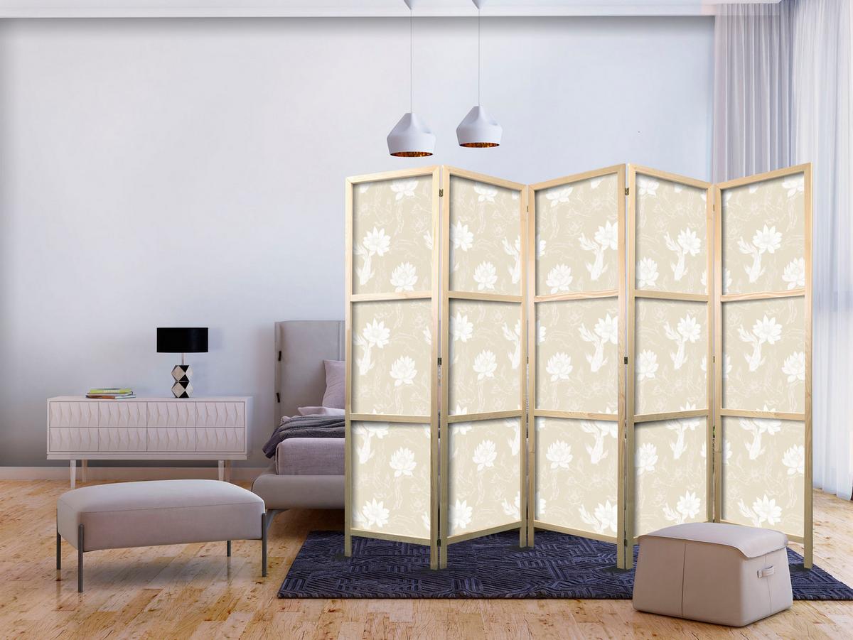 PARAVENT Japanischer 5-tlg 225x172 cm Fische Und Blumen - Beige, Holz/Textil (225/172/3cm) - Muralo