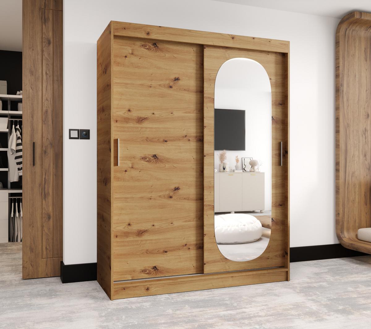 SCHIEBETÜRENSCHRANK mit Spiegel ROYAL 200/150/62 2-türig - Silberfarben/Eiche Artisan, Holz (150/62/150cm) - MÖBEL KRYSPOL
