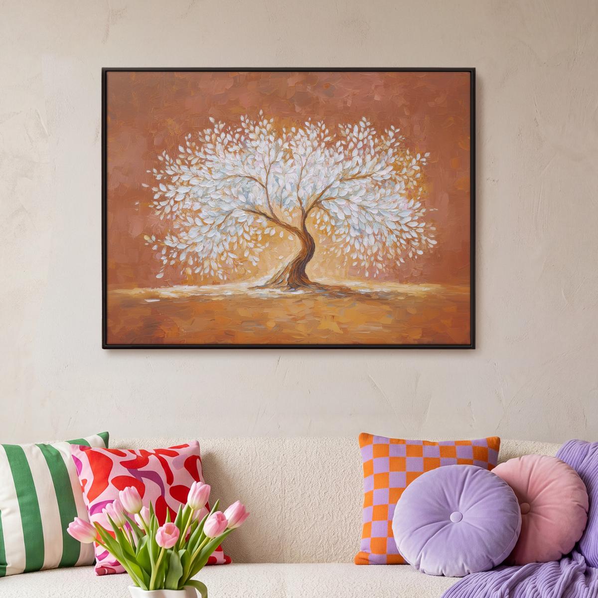 LEINWAND Bilder mit Rahmen - Abstrakt - Baum - Weiß - Blätter - 100x70 - Braun, Textil (100/70cm) - MuchoWow