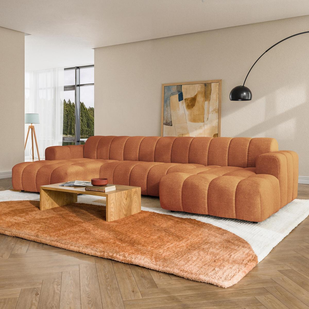 WOHNLANDSCHAFT AENIS Orange Strukturstoff - Orange, Holz (398/85/165cm) - MASSENO
