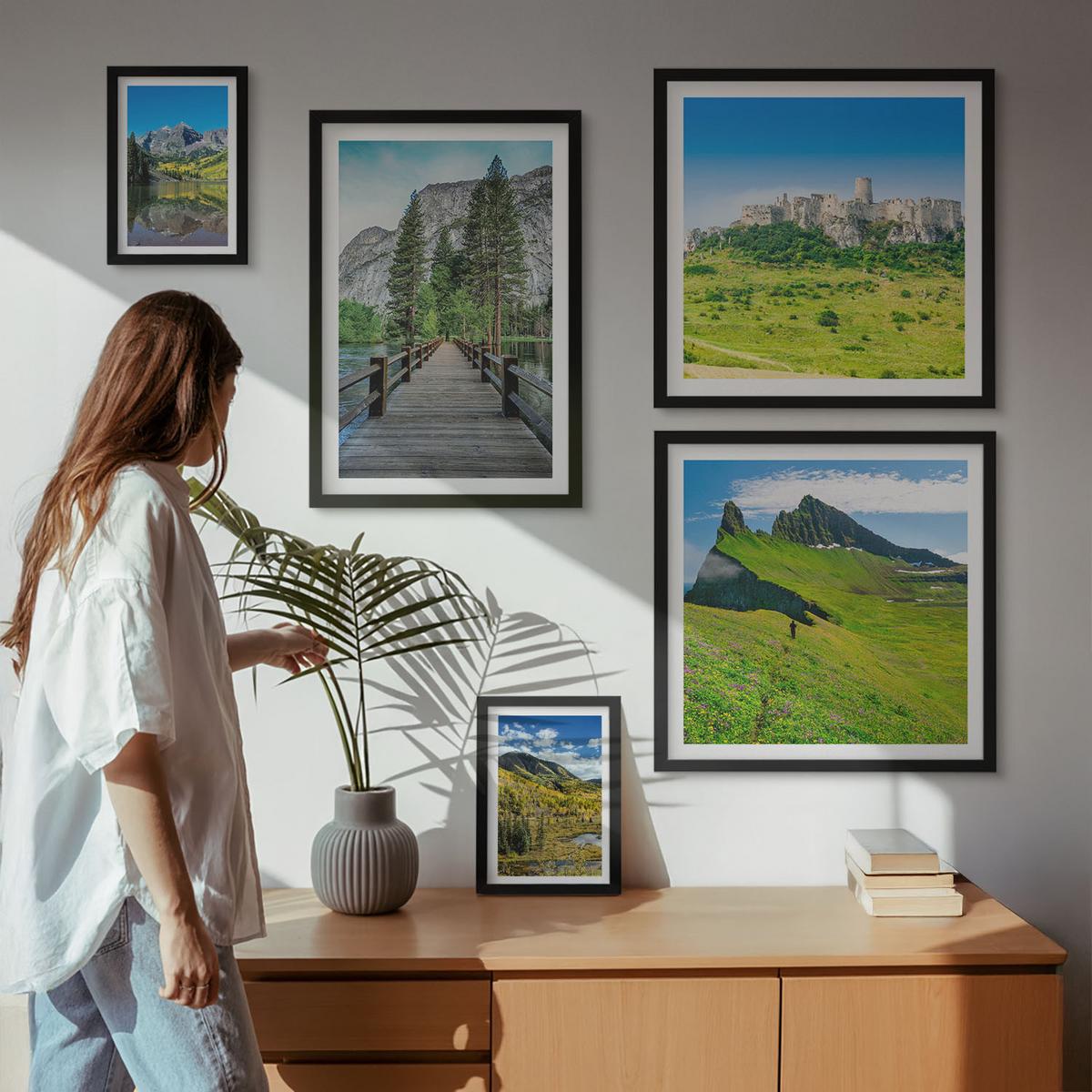 BILDER SET 5er Set - 50x50 cm & 20x30 cm & 40x60 cm Schwarzer Rahmen - Wasserfälle, Berge, Wolken, Herbst - Schwarz, Kunststoff (40/60cm) - TULUP