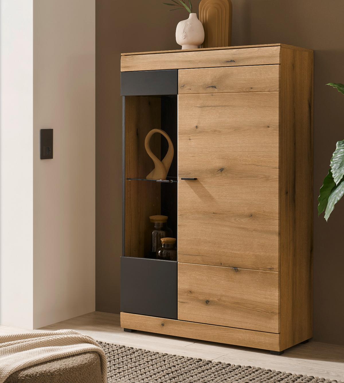 VITRINE in Eiche, grau 90 x 151 cm, Highboard mit Soft-Close - Kaschmir/Eichefarben, Glas/Holzwerkstoff (90/141/35cm) - Furn.Design