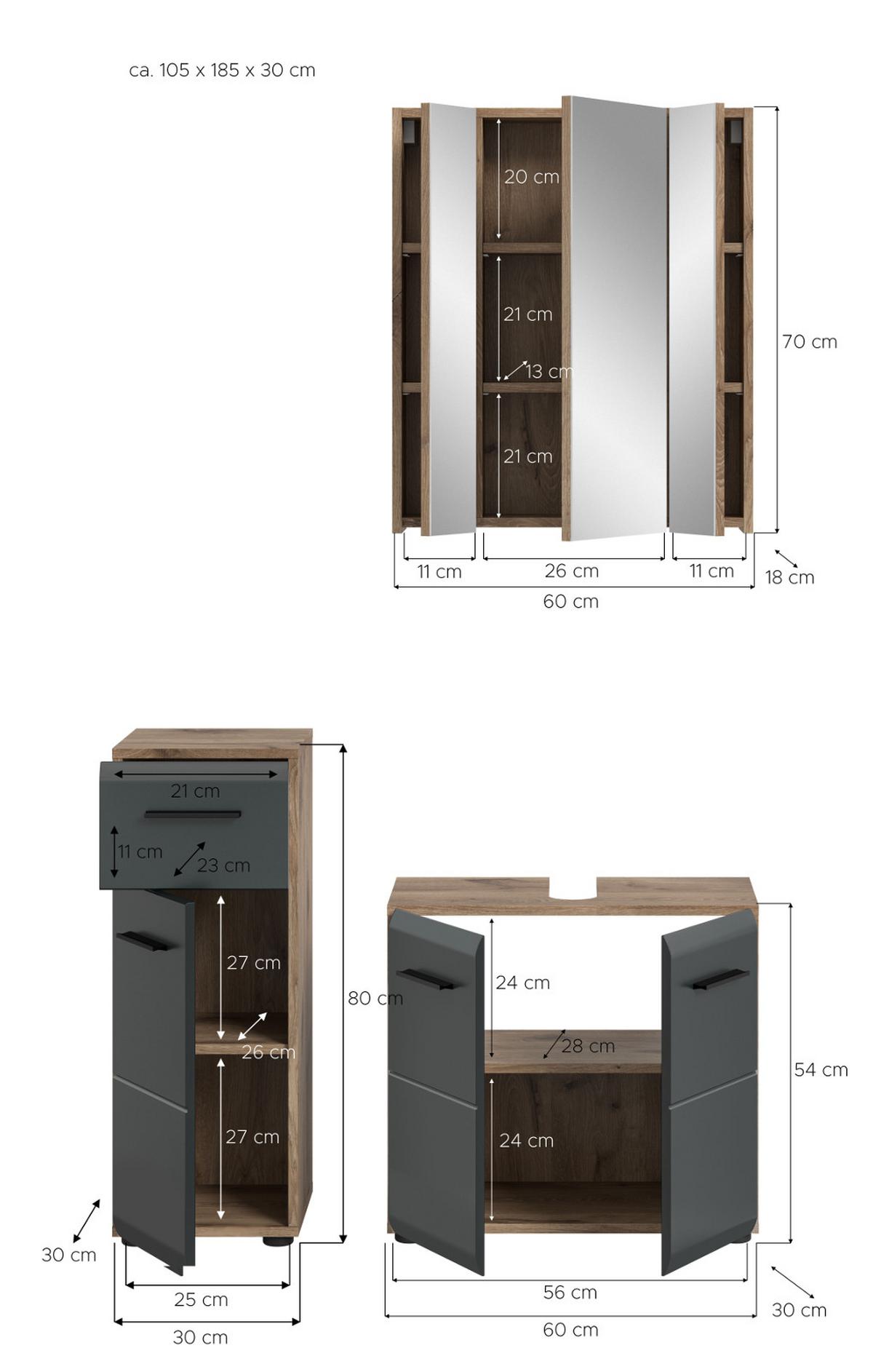BADMÖBEL-SET 3-teilig in schwarz matt, Eiche Nox, Badkombination mit viel Stauraum, 105 x 185 cm - Eichefarben/Schwarz, Glas/Holzwerkstoff (105/185/30cm) - Inn.Furn