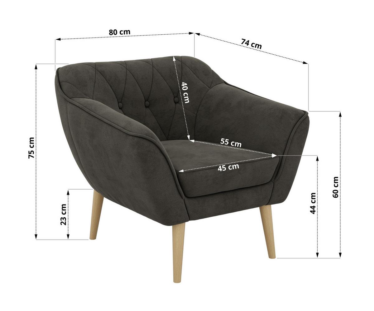 SESSEL PIRS - Dunkelgrau Velvet - Holzbeine - Dunkelgrau/Buchefarben, Holzwerkstoff/Textil (80/75/74cm) - MKS