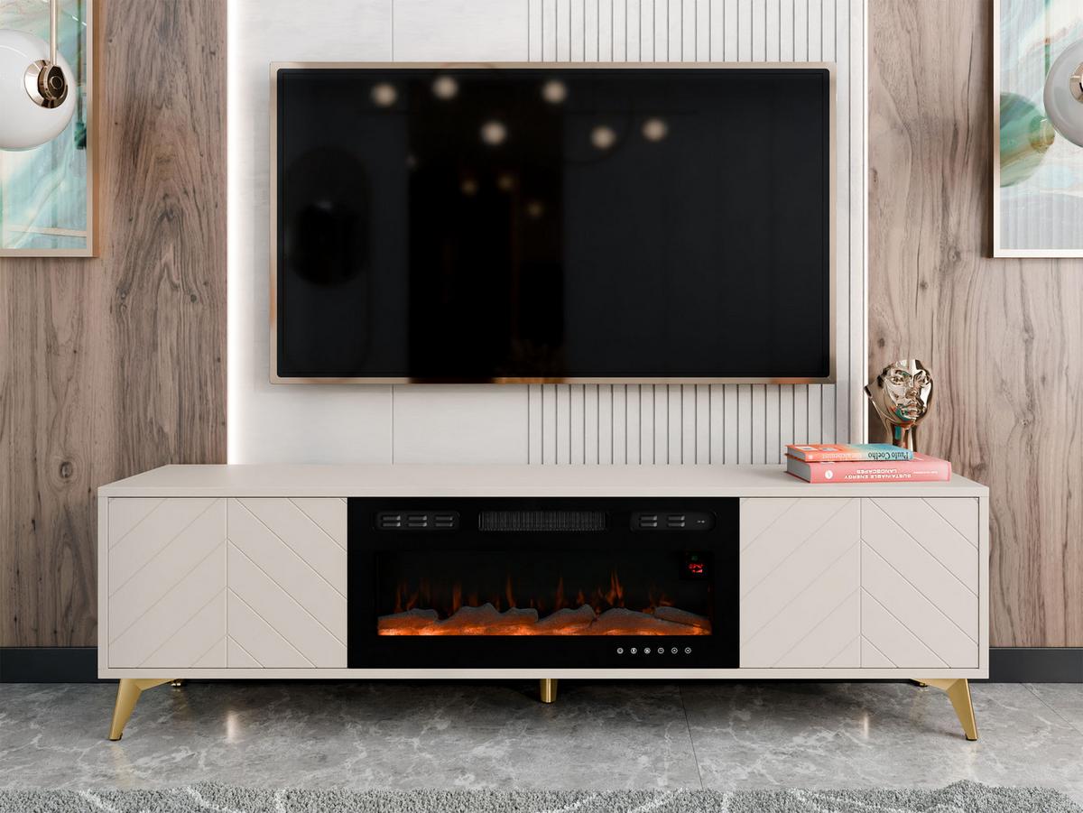 TV-LOWBOARD Xylx 2D EF mit Elektrische Kamin - Beige/Goldfarben, Holzwerkstoff/Metall (184/53/40cm) - MIRJAN24