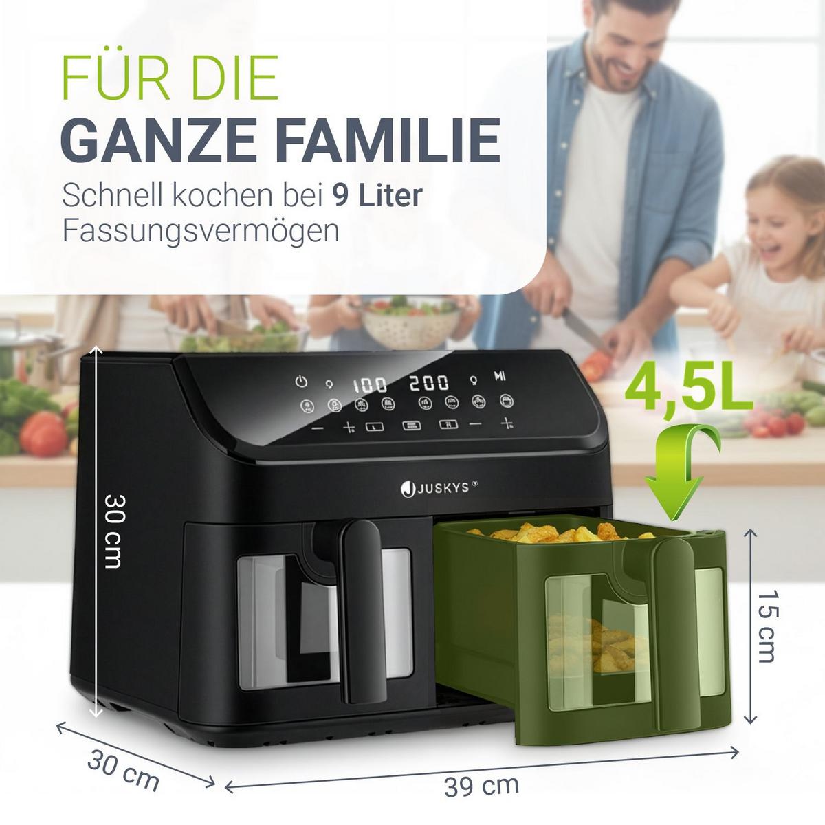 HEISSLUFTFRITTEUSE 9 L mit 2 Zonen - Schwarz, Kunststoff (41/39/30cm) - Juskys