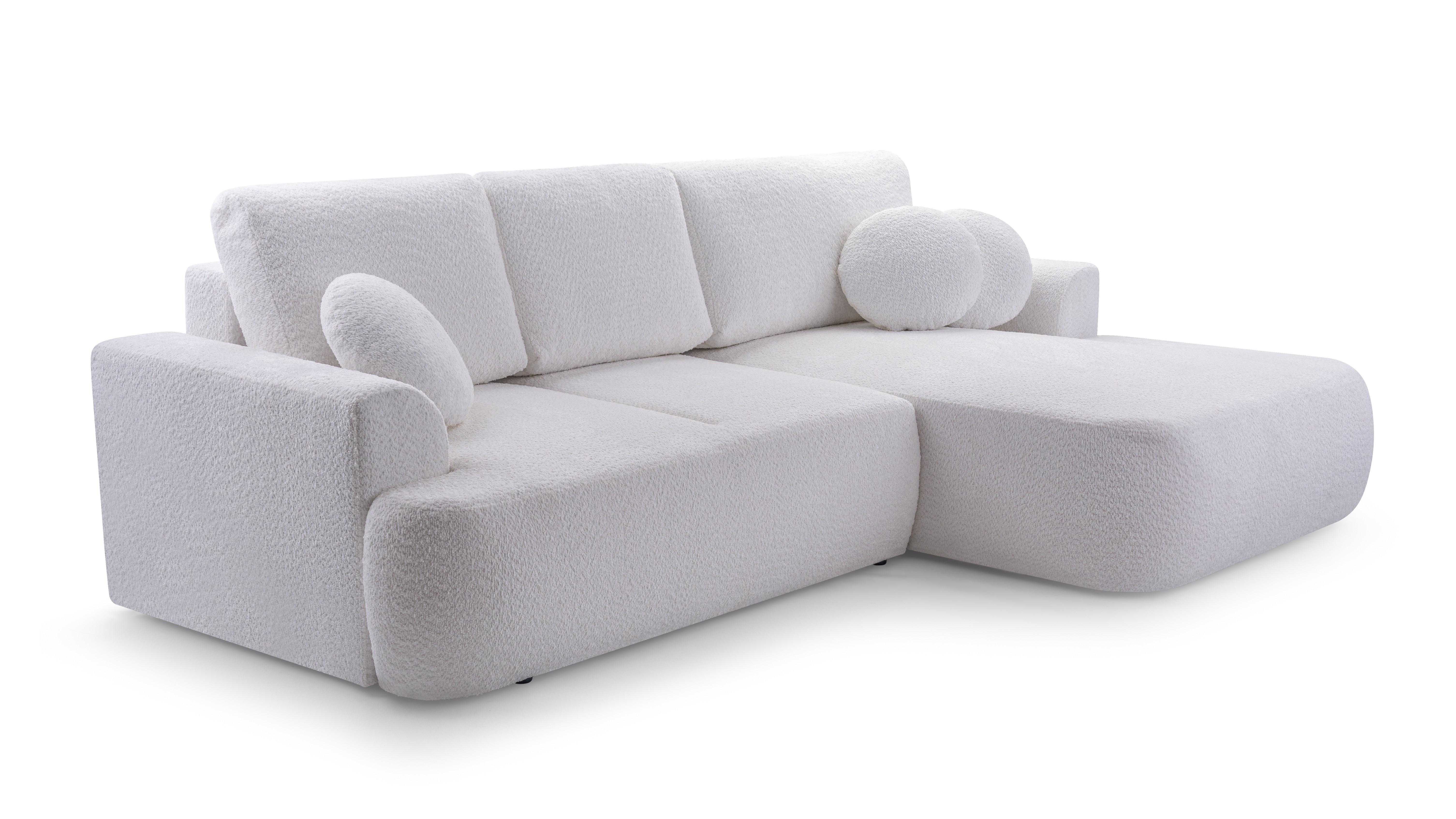 ECKSOFA FILO Weiß Boucle-Stoff mit Schlaffunktion - Weiß, Holz (260/168cm) - MASSENO