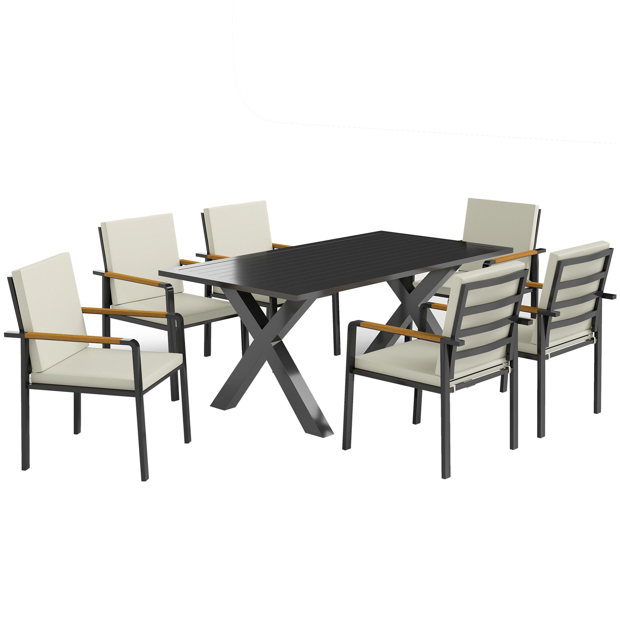 GARTENMÖBEL-SET Sitzgruppe 1 Tisch+6 Stühle mit Auflagen Wetterfest Alu Schwarz+Grau - Grau, Metall - Outsunny