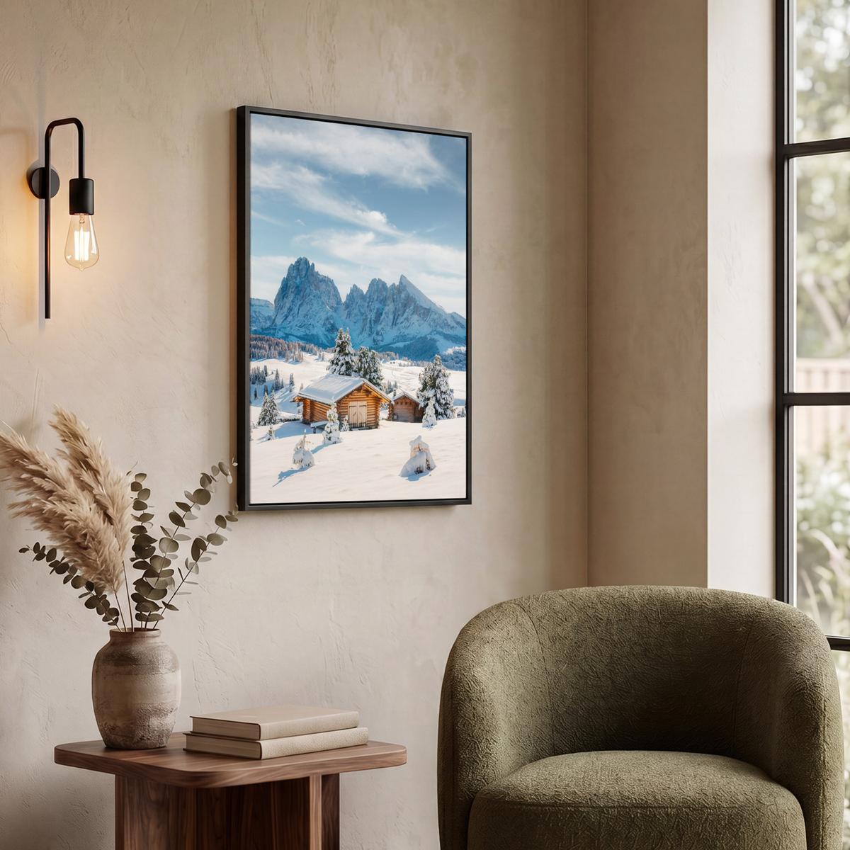 LEINWAND Bilder mit Rahmen - Winter - Hütte - Berge - Aussicht - Schnee - 60x80 - Eichefarben, Textil (60/80cm) - MuchoWow