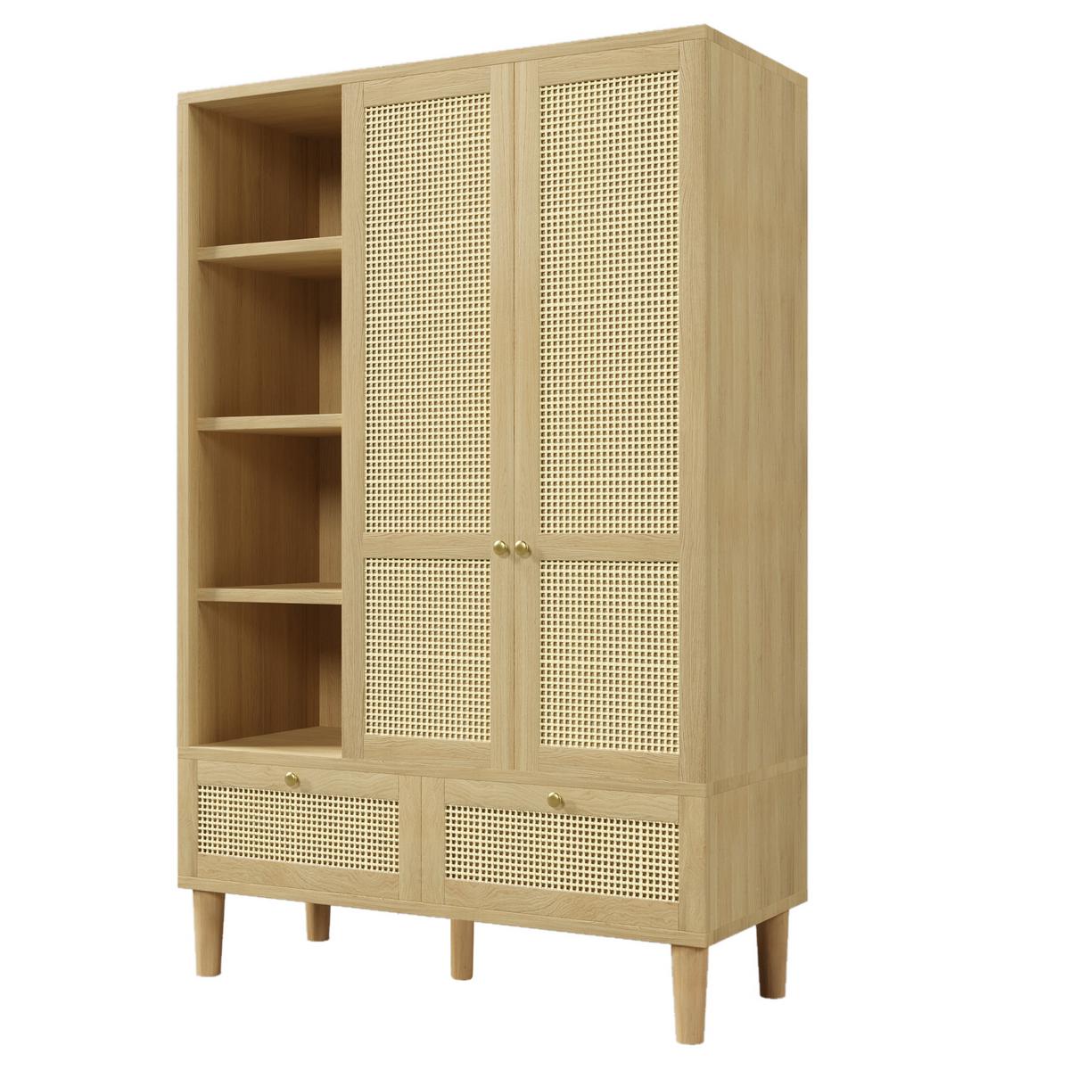 KLEIDERSCHRANK in eichenoptik mit rattan, offene regale, 2 schubladen und kleiderstange - Eichefarben, Holz (120/180/50cm) - Urban Meuble
