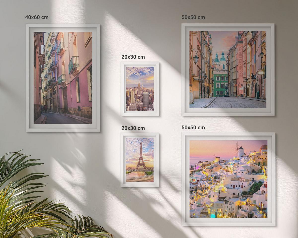 BILDER SET 5er Set - 50x50 cm & 20x30 cm & 40x60 cm Weißer Rahmen - New York Paris Oia Warschau Dämmerung - Weiß, Kunststoff (40/60cm) - TULUP