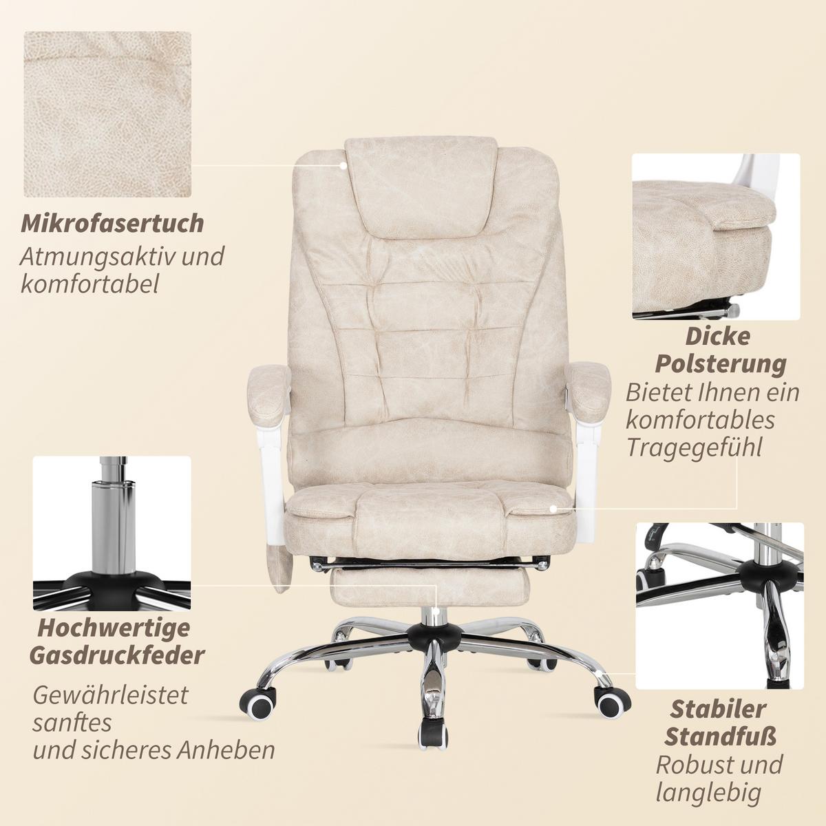 BÜROSTUHL mit Massagefunktion, Ergonomisch Schreibtischstuhl mit Liegefunktion - Silberfarben/Creme, Kunststoff/Textil (70/119/65cm) - Vinsetto