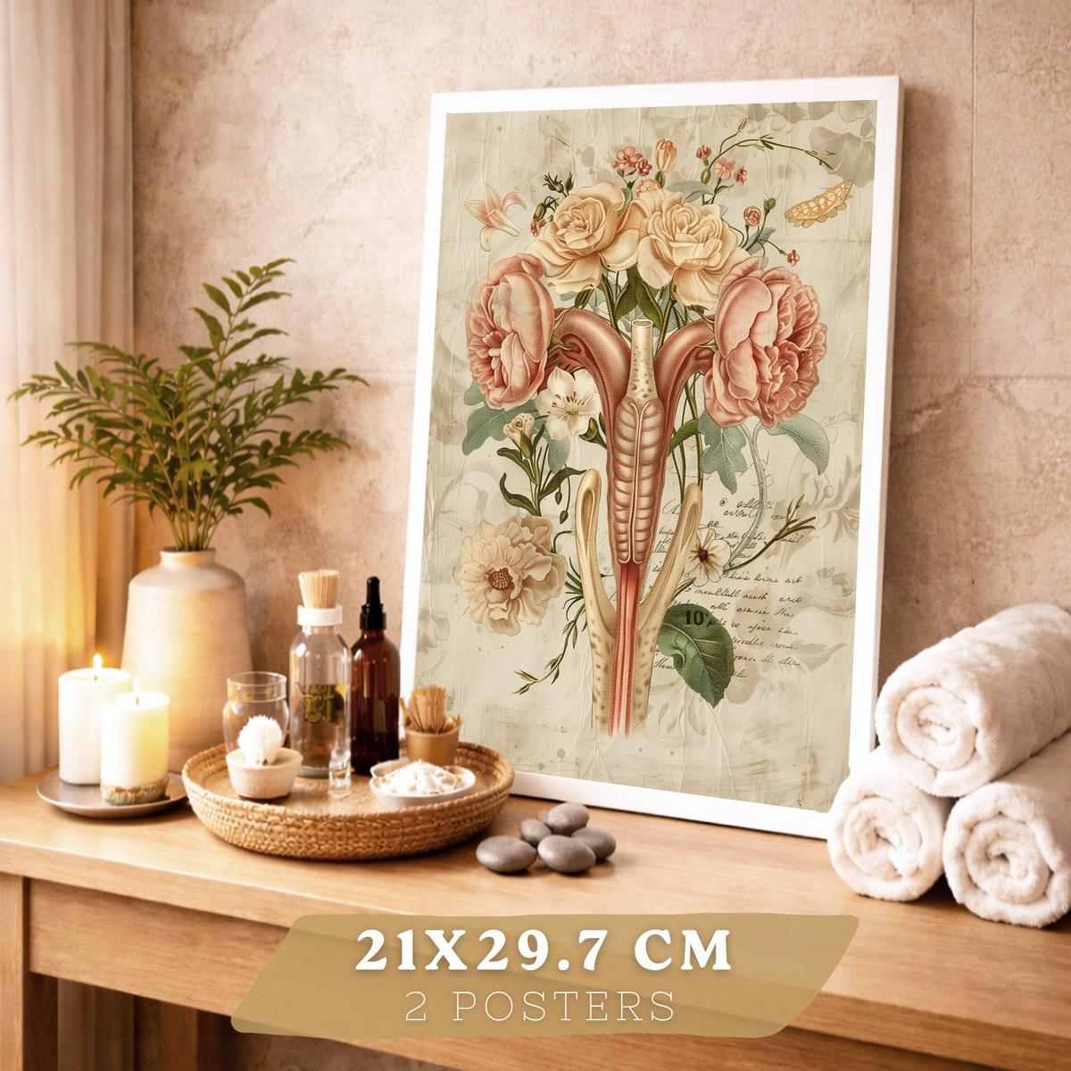POSTER Set aus 2 Weibliche Anatomie Drucke und Wandbilder mit Gehirn und Gebärmutter Botanischer Retro Vintage Floraler Stil Größe Weißer Rahmen A4 - Weiß, Papier (21/29.7/3cm) - Nacnic