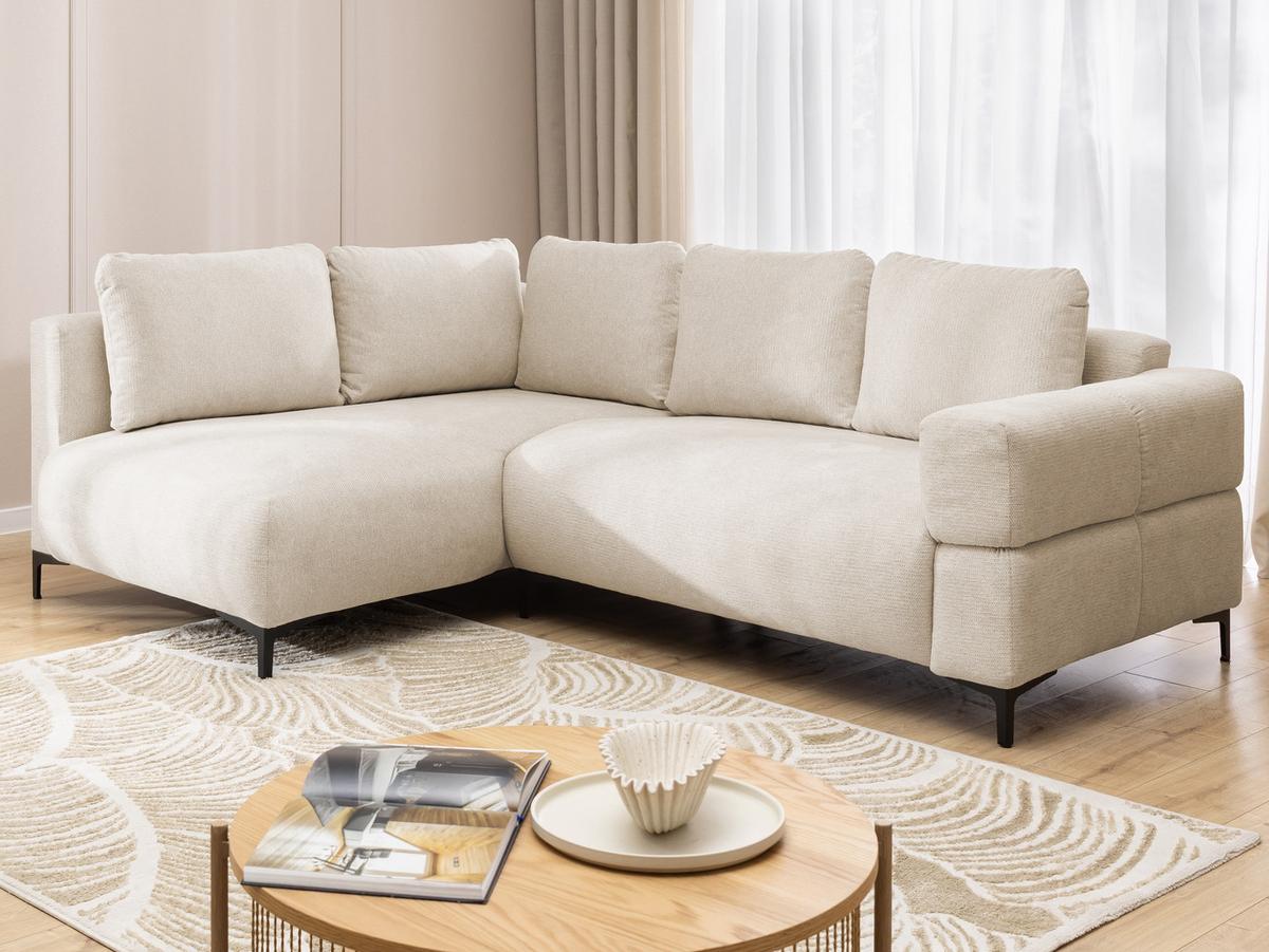 ECKSOFA Cardea in Bubble-Optik aus weichem Hellbeige Strukturstoff mit hohem Sitzkomfort - Ottomane links - Beige/Schwarz, Holz/Textil (170/230cm) - S-Style