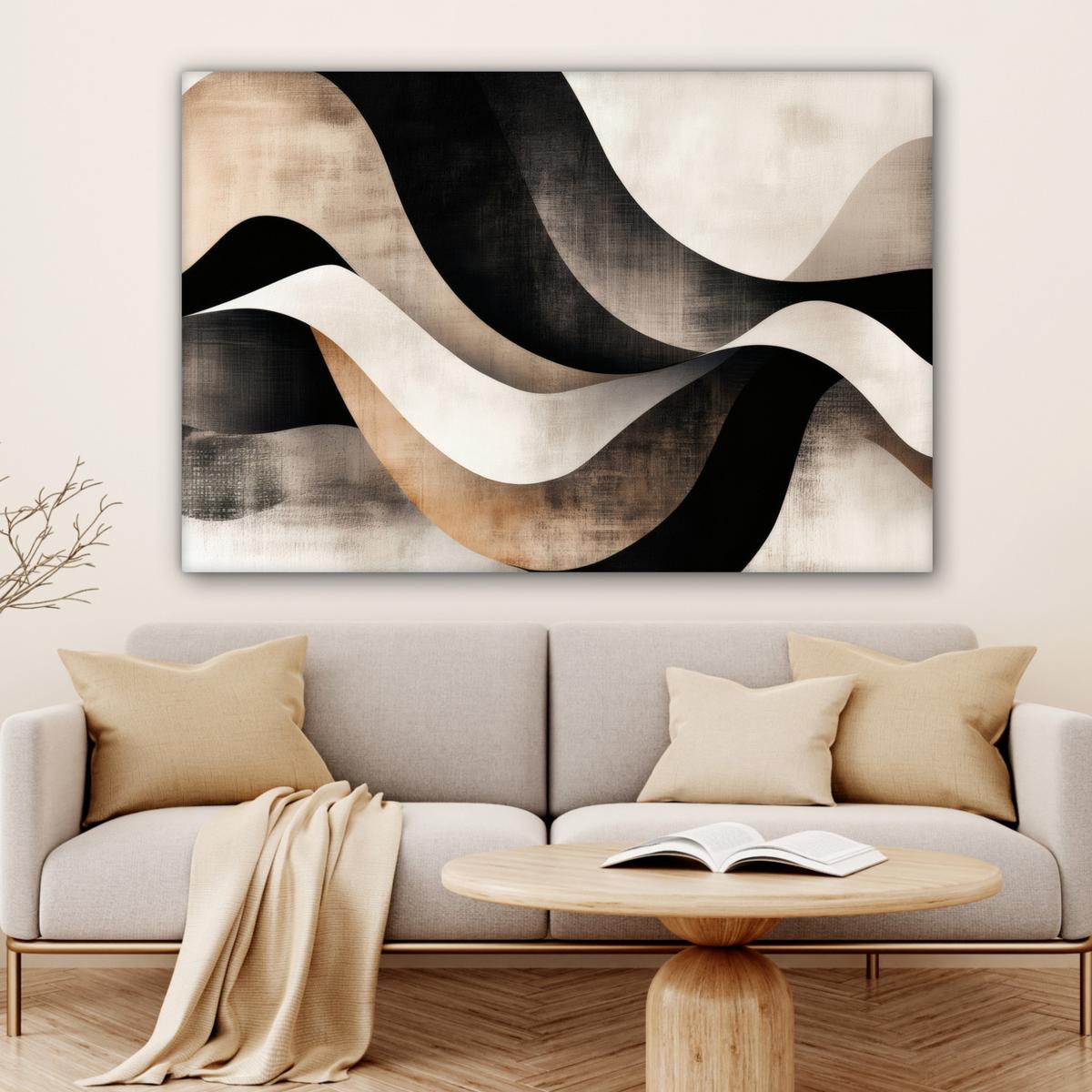 LEINWANDBILD Abstrakt - Wellen - Schwarz - Verwittert Wohnzimmer Groß 120x80 cm - Trüffeleichefarben, Textil (120/80cm) - MuchoWow