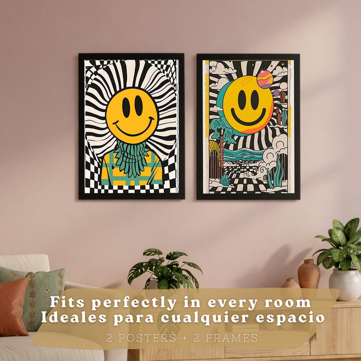 POSTER 4er Kunstdruck-Set Wandbilder Smiley Emoji modern Wohnzimmer Deko, Schlafzimmer, Küche, Badezimmer Schwarzer Rahmen A3 - Schwarz, Papier (29.7/1/42cm) - Nacnic