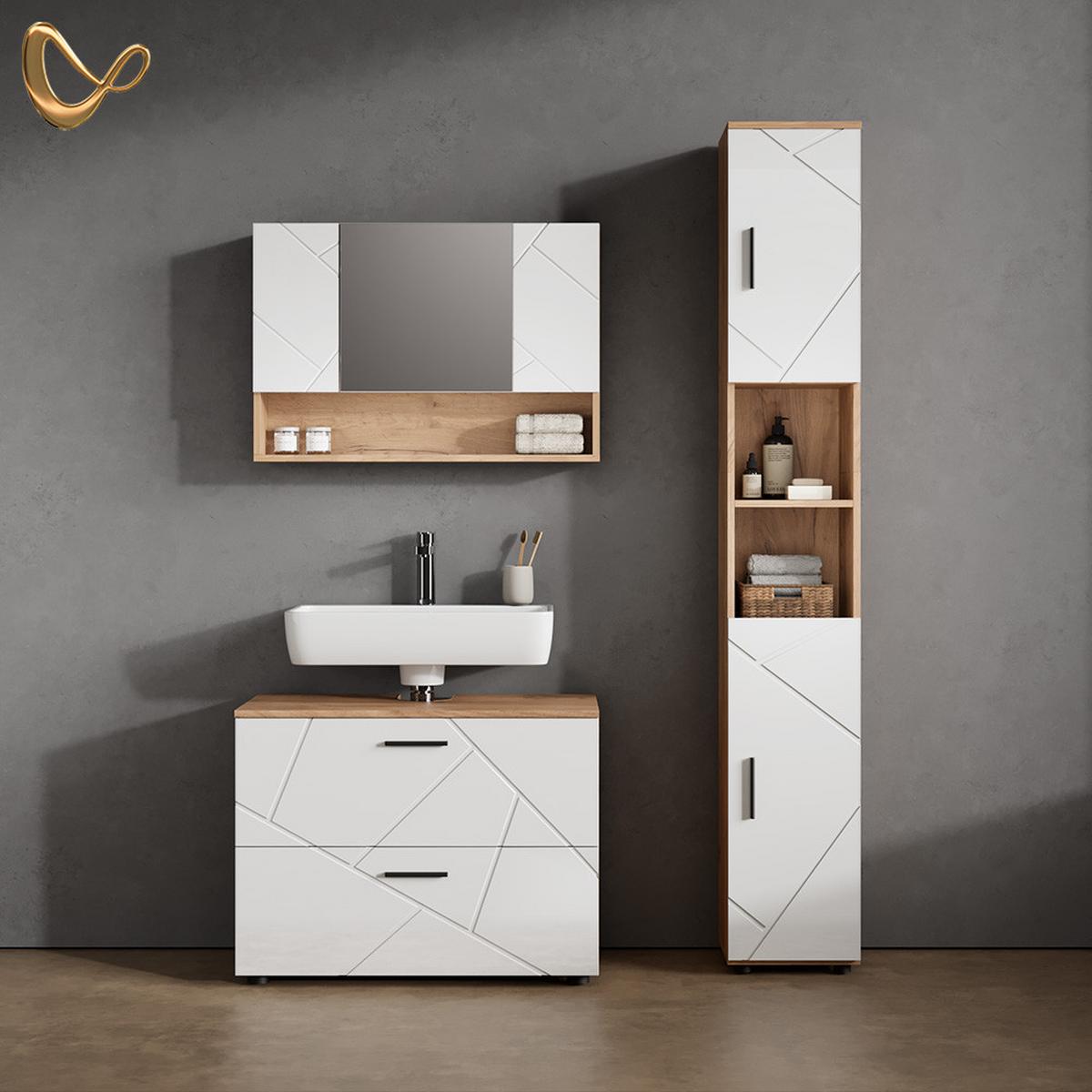 BADSPIEGELSCHRANK Ronco Weiß Hochglanz/Goldkraft Eiche 80.1 x 55 cm - Weiß Hochglanz/Eiche Wotan, Holzwerkstoff (80.1/55/17cm) - Livinity®