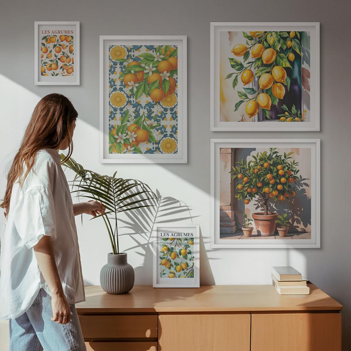 BILDER SET 5er Set - 50x50 cm & 20x30 cm & 40x60 cm Weißer Rahmen - Retro gelbe Zitrusfrüchte - Weiß, Kunststoff (40/60cm) - TULUP