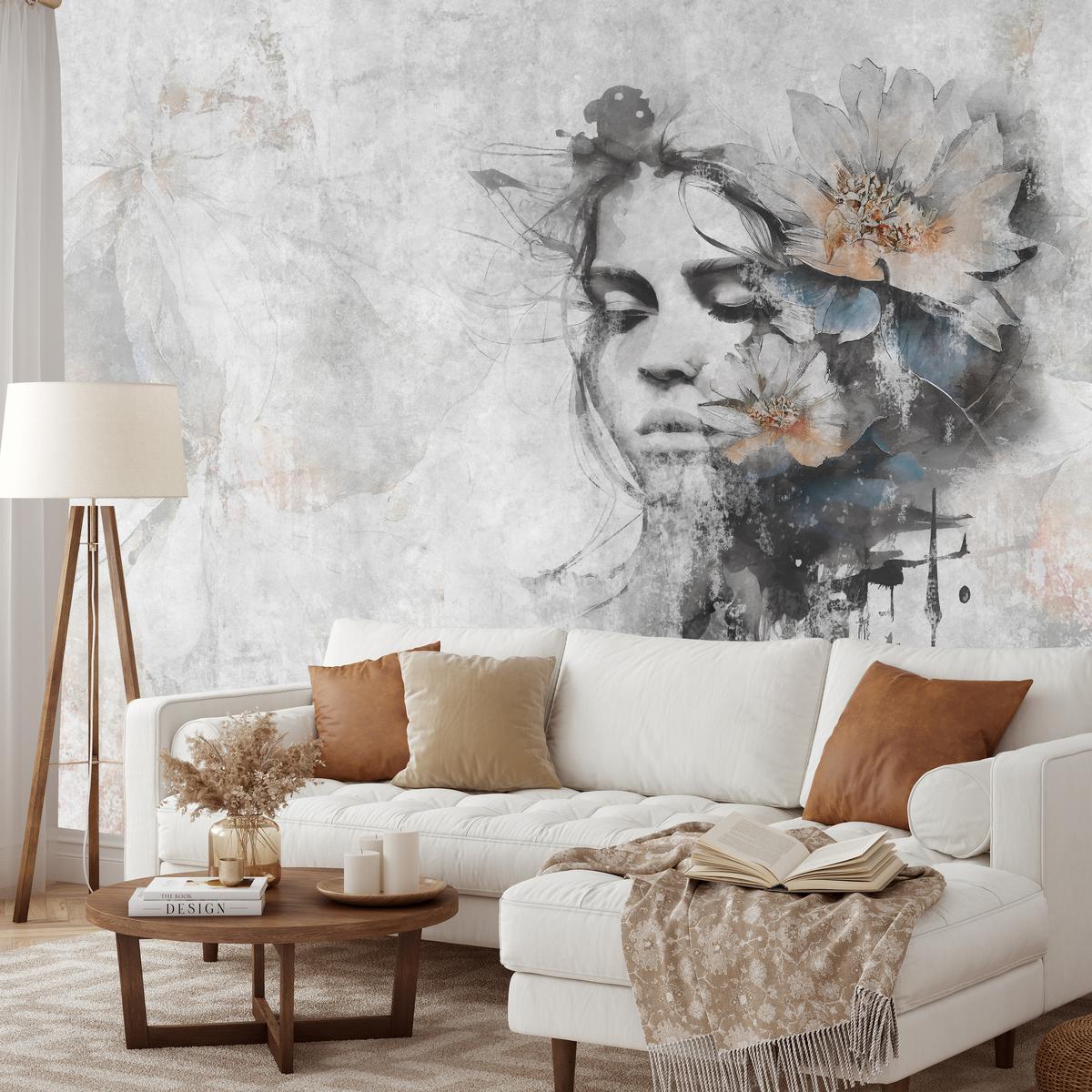 FOTOTAPETE für Wohnzimmer Gesicht Frau Grau Betonwand Blumen 100x70 - Grau, Papier (100/70cm) - Muralo