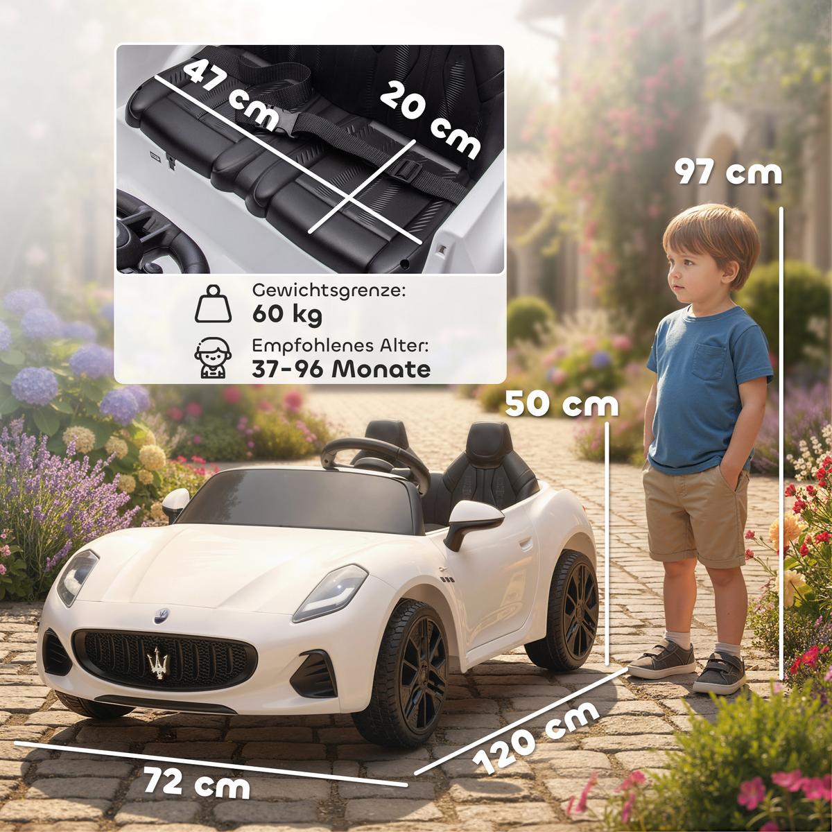 MASERATI Kinder-Elektroauto Metall Kunststoff Weiß - Weiß, Metall (120/72/50cm) - AIYAPLAY